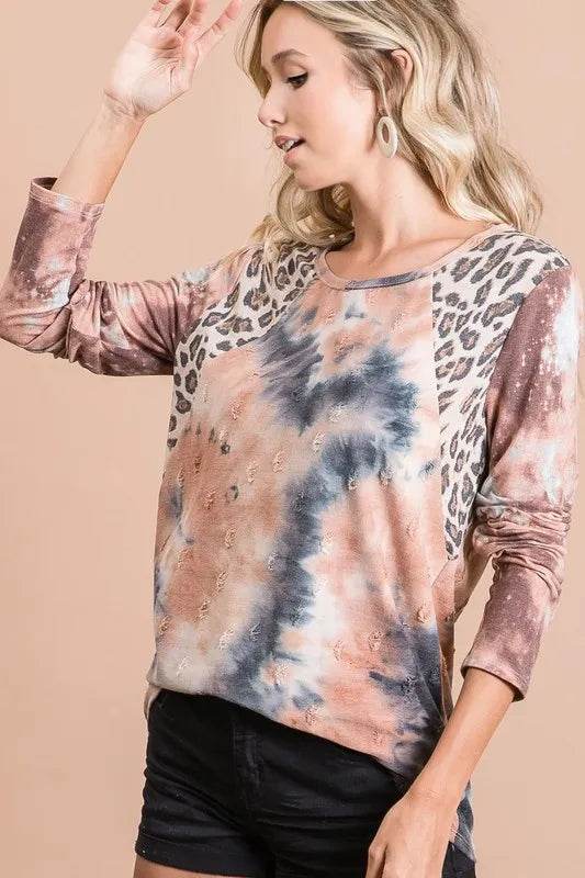 BiBi Tie Dye Distressed Knit Top with Leopard Shoulder - Trendy Women's Vintage Style Sweater for Casual Outings & Streetwear Fashion