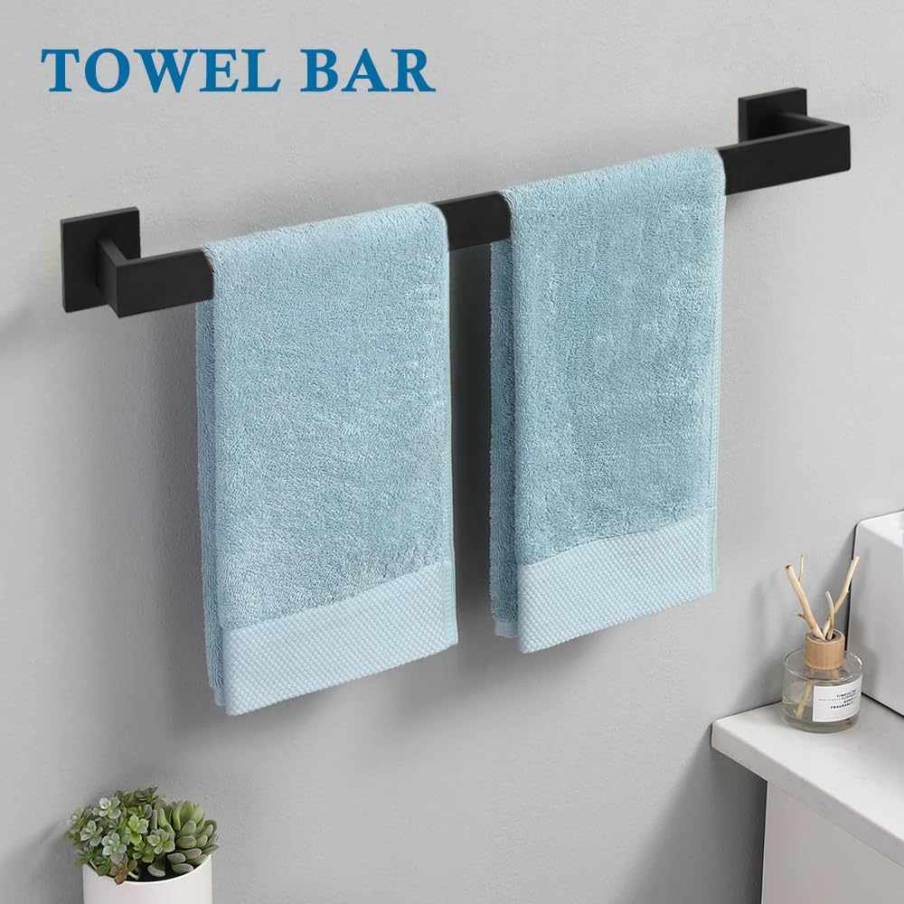 4-Piece Bathroom Hardware Set - 16 Inch Towel Bar, Toilet Paper Holder, Hand Towel Rack & Hook in Matte Black - Modern Bathroom Accessories for Home & Hotel Decor