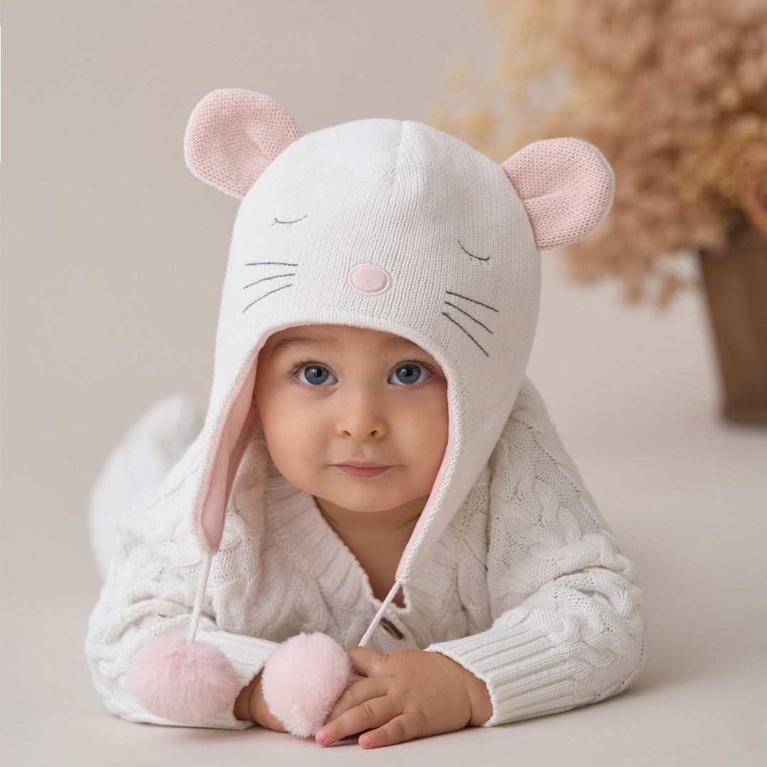 Whisper White Mouse Aviator Knit Baby Hat - Soft Cotton Newborn Beanie for Boys Girls - Perfect for Photography, Winter Outfits & Airplane Travel