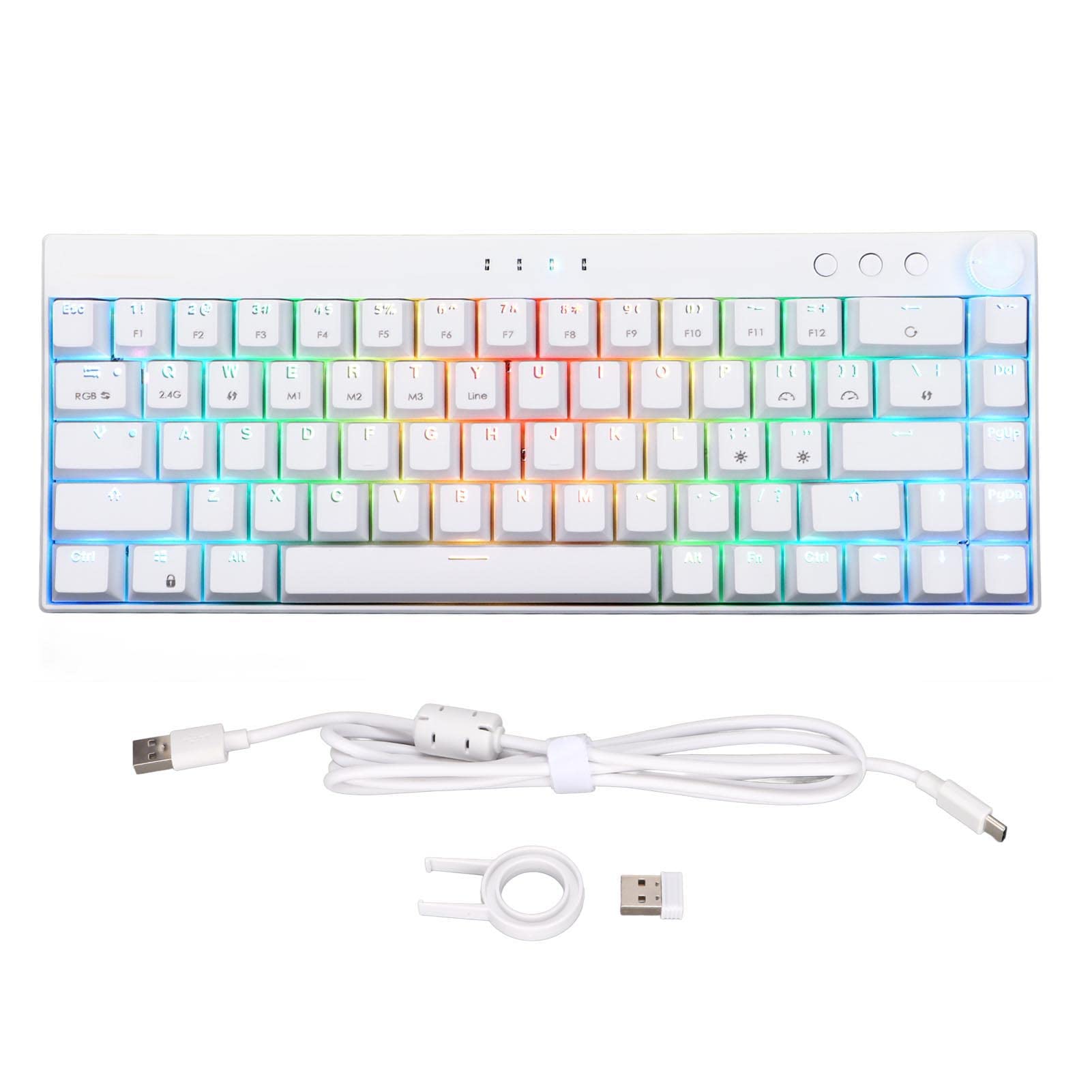 2.4G Wireless Bluetooth Wired Mechanical Gaming Keyboard - 68 Keys RGB Backlit, 1800mAh Battery, N-Key Rollover, White (Black Switch) with Keycap Puller - Perfect for PC Gaming, Office Work & Typing