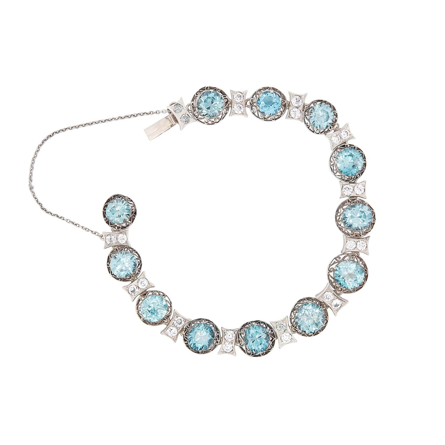 Edwardian 14k Gold & Sterling Silver Diamond & Zircon Bracelet - Vintage Jewelry for Weddings, Anniversaries & Special Occasions