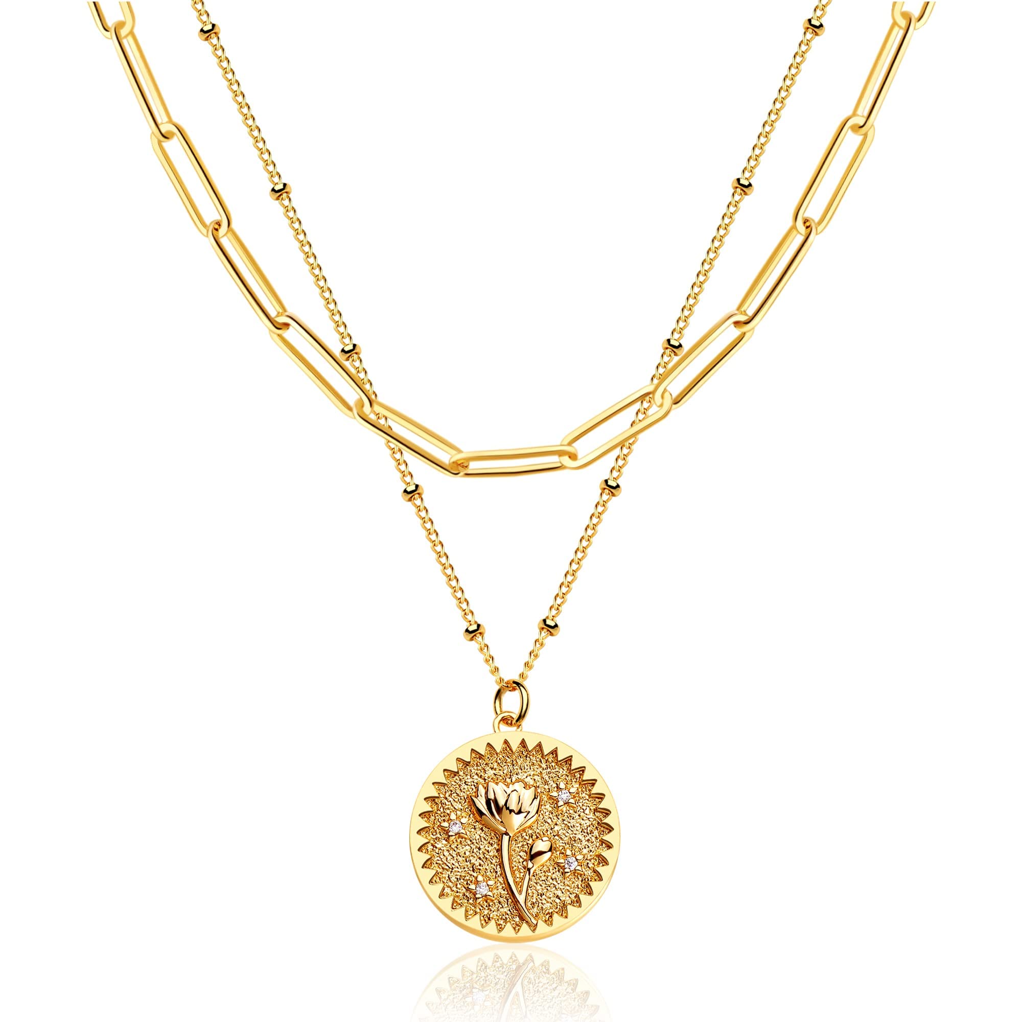18K Gold Plated Custom Birth Flower Necklace for Women - Double Layered Engraved Floral Pendant with Dainty Birth Month Flower Disc - Personalized Jewelry Gift for Mom, Wife, Daughter | Perfect for Birthdays, Anniversaries & Special Occasions