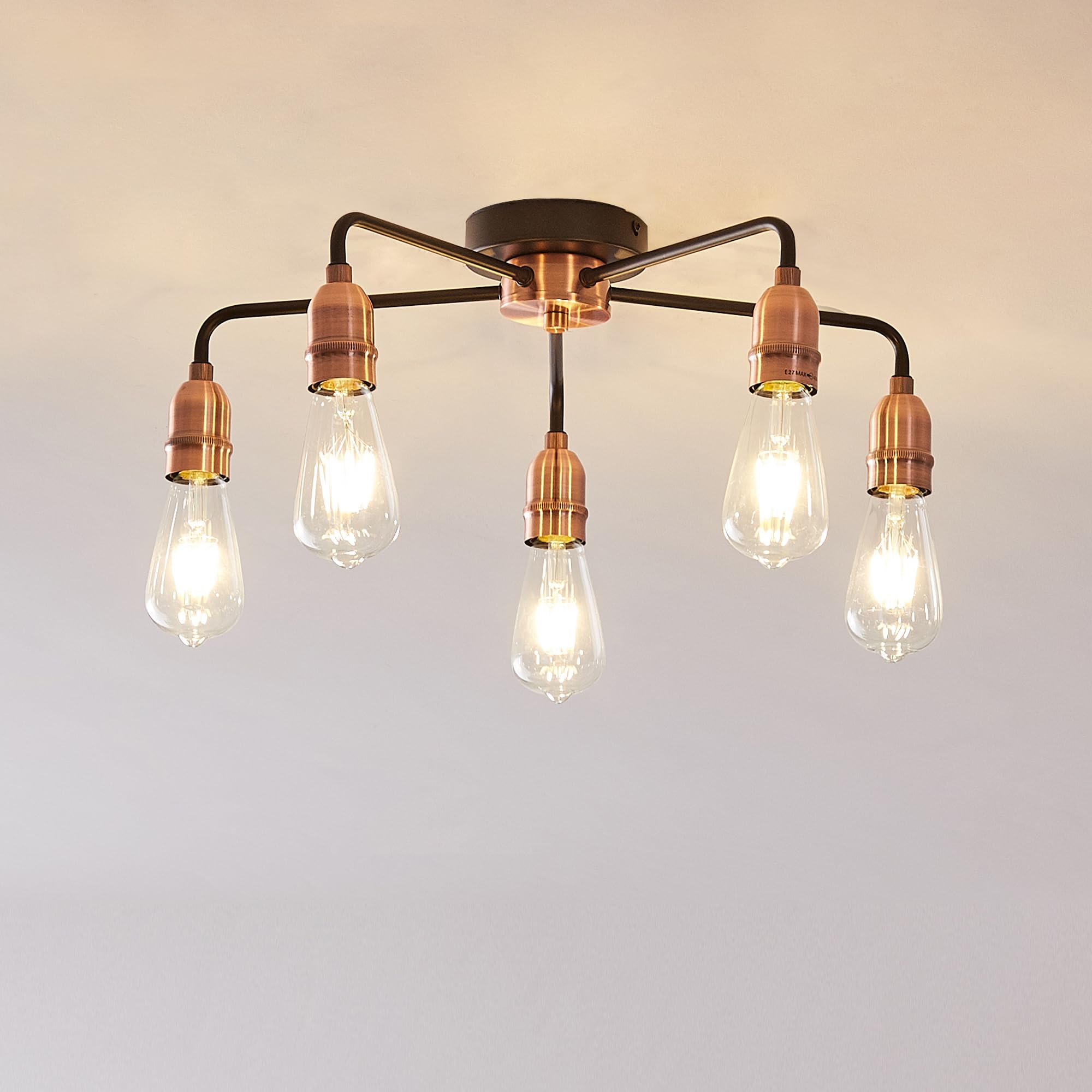 HARPER LIVING E27/ES Semi-Flush Ceiling Light Fixture - Black with Matte Silver Finish, LED Compatible for Energy Saving - Perfect for Living Room, Bedroom, Kitchen, Hallway, Hotel & B&B Lighting - 5-Light Modern Ceiling Lamp for Home & Commercial Spaces (Black & Copper)