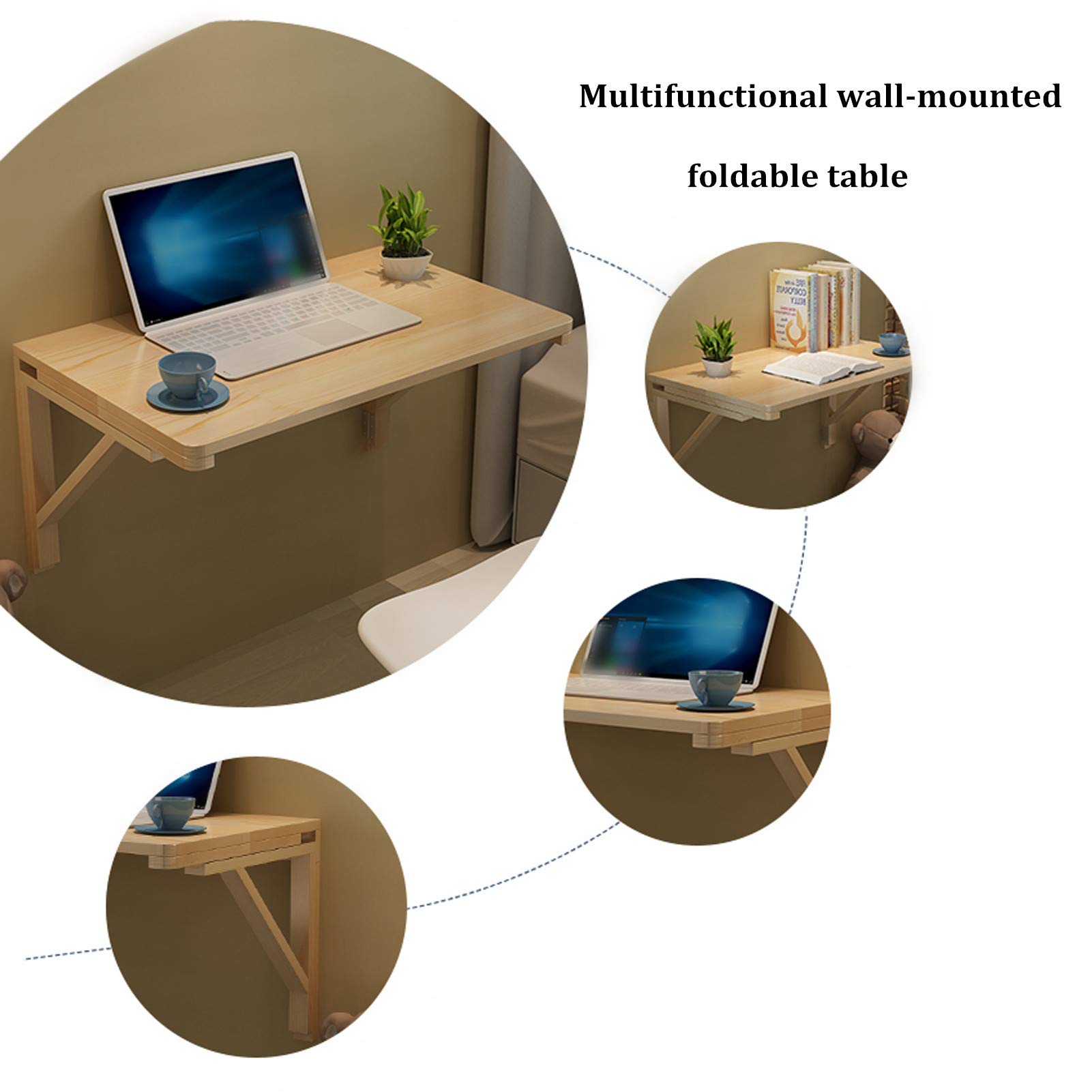 Solid Wood Fold Down Drop-Leaf Table - Wall Mounted Folding Desk for Study, Bedroom, Bathroom or Balcony - Space Saving Computer Workbench & Hanging Bookshelf - 120x50cm/47x20in - Perfect for Small Apartments, Home Offices & Dorm Rooms
