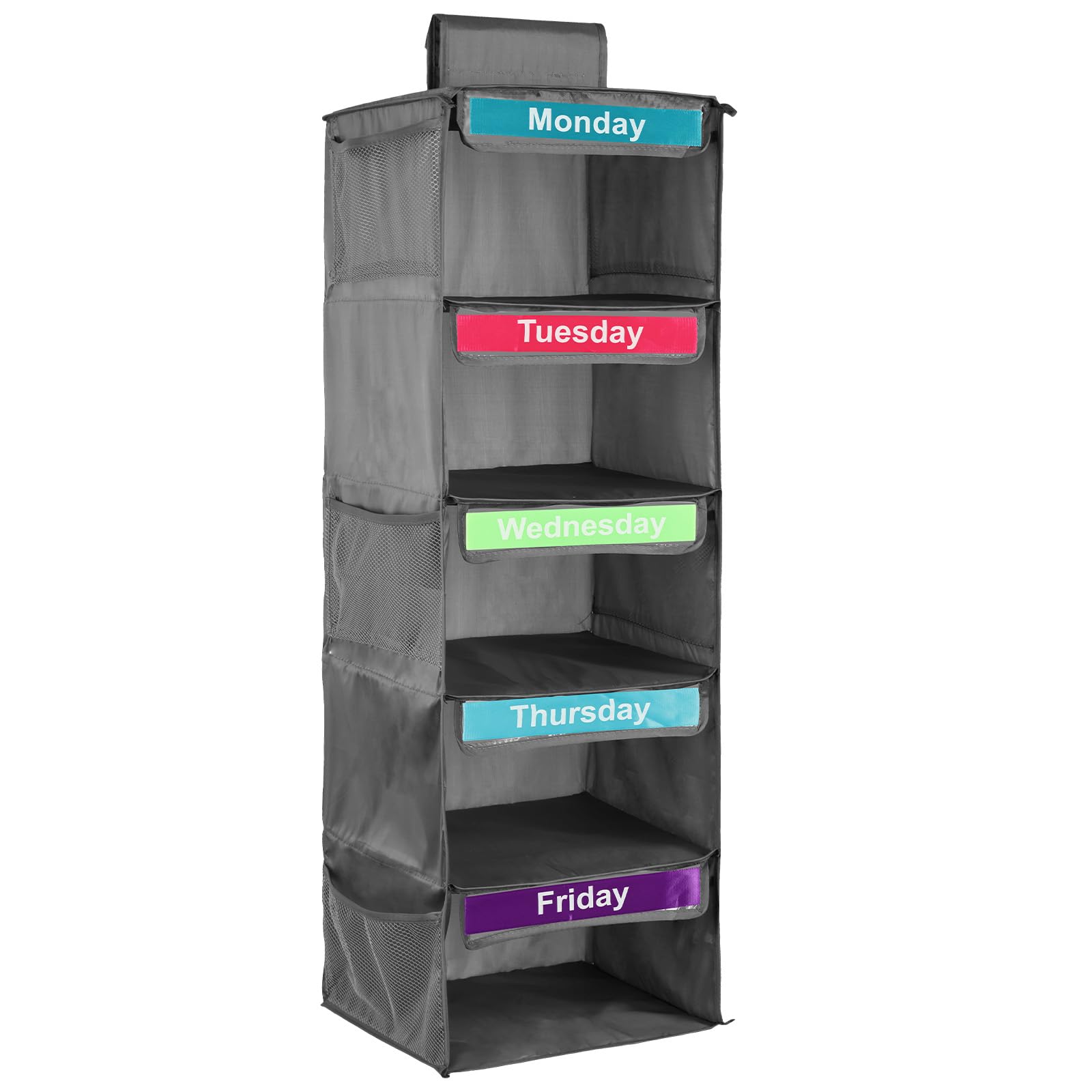 Kids Weekly Clothes Organizer - 7-Day Over The Door Hanging Storage for Closet | Monday to Friday Children's Clothing Organizer for Shirts, Hats & Accessories (Grey) | Perfect for School Outfits & Daily Wardrobe Planning