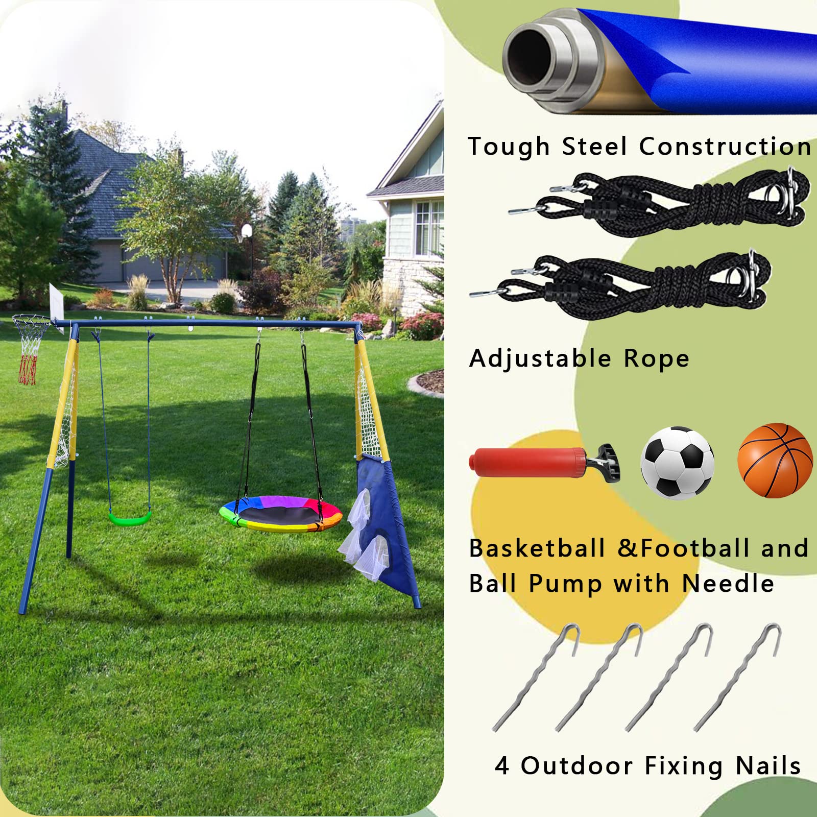 440lbs Heavy Duty 2-Seat Outdoor Swing Set for Kids - A-Frame Metal Stand with Saucer Swing, Belt Swing, Basketball Hoop & Soccer Goal - Perfect for Backyard, Park & Playground Fun