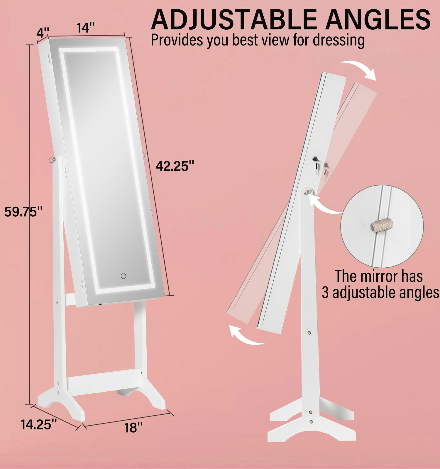 BOSTANA 6-LED Full Length Mirror Jewelry Cabinet with Touch Control & Adjustable Angles - White Jewelry Organizer Armoire with Storage | Perfect for Bedroom, Dressing Room & Closet Organization