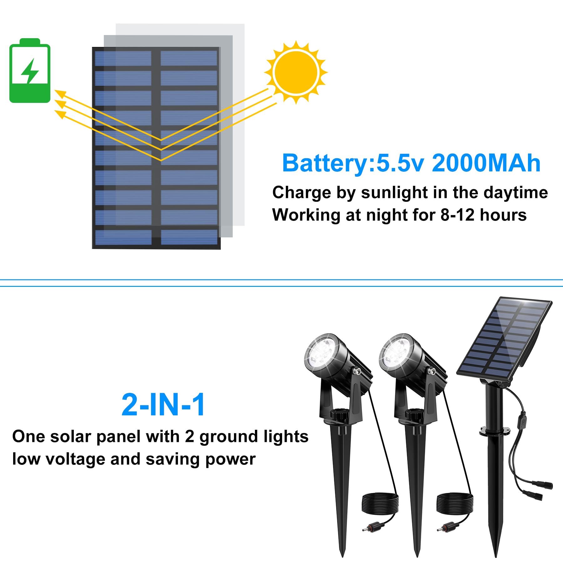 Solar Spot Lights Outdoor, 2-in-1 Solar Landscape Spotlights IP65 Waterproof with 9.8ft Cable, Auto On/Off Outdoor Wall Lights for Garden, Yard, Driveway, Porch, Walkway, Pool (6000K White) - Perfect for Pathway Lighting, Backyard Decor, and Security Illumination