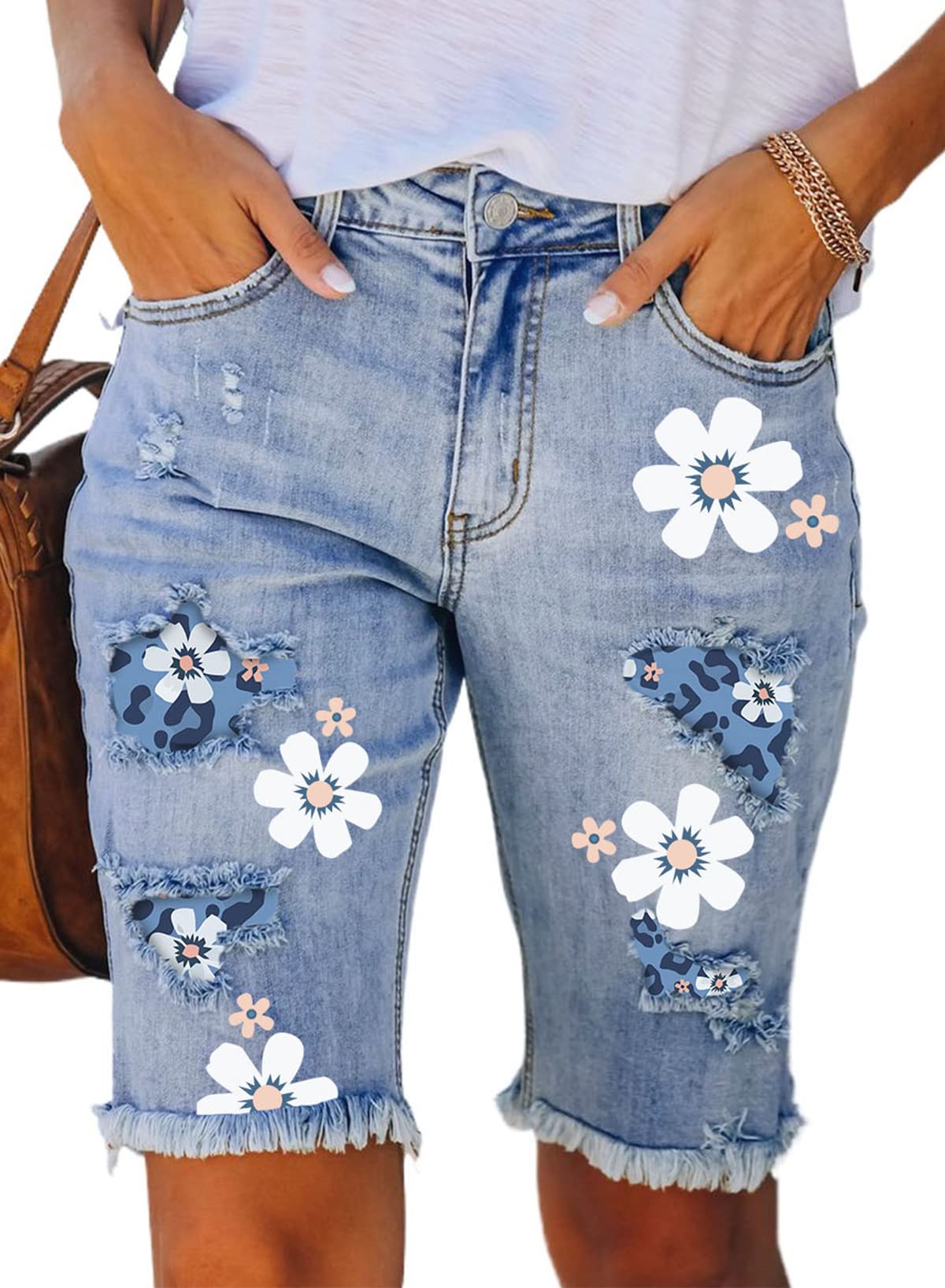 **Sidefeel Women's Distressed Denim Bermuda Shorts with Raw Hem - Casual Summer Shorts for Beach, Travel & Everyday Wear**