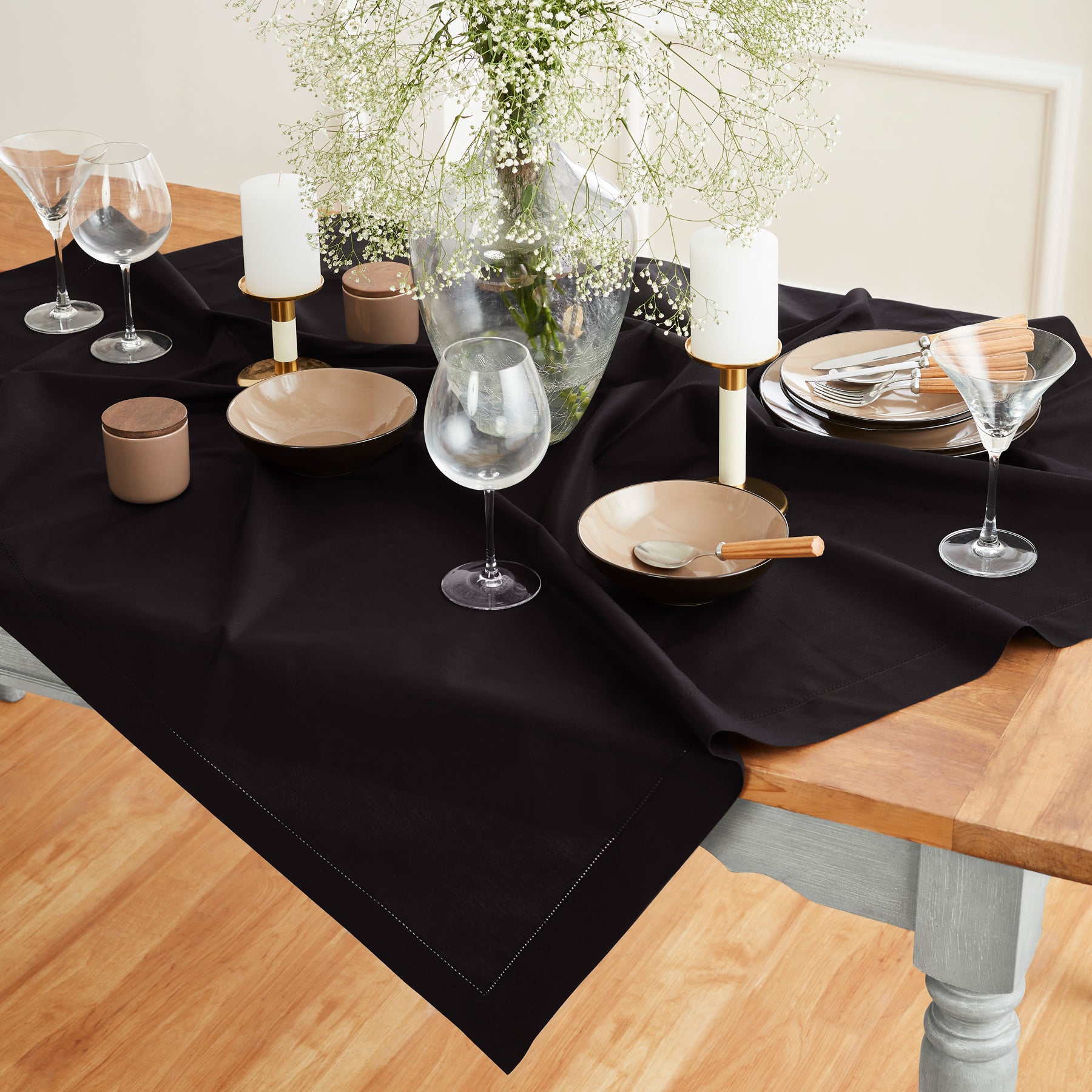 Premium Cotton Linen Hemstitch Table Throw - Elegant Decorative Table Runner for Dining Room, Wedding, Party & Home Decor