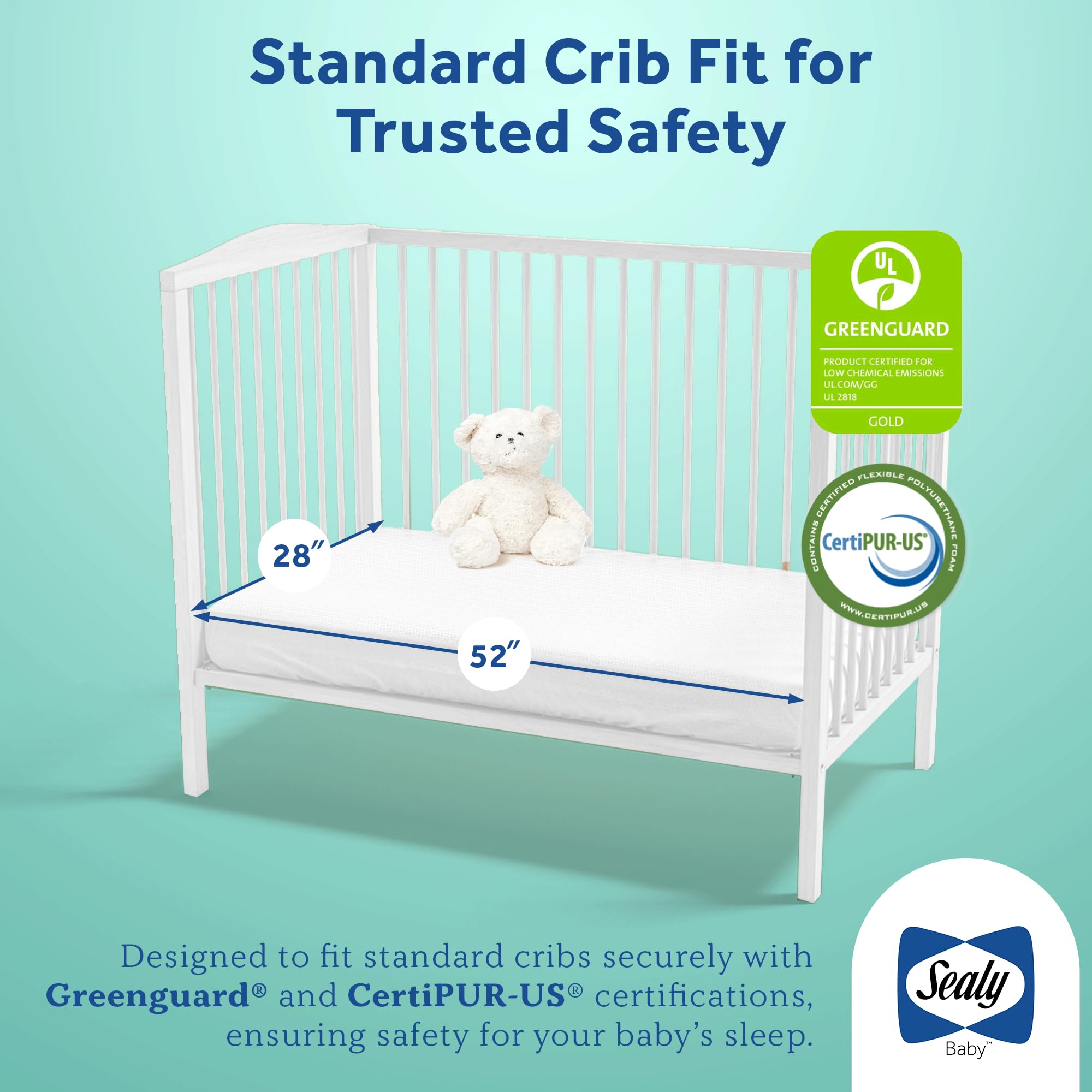 Sealy Baby OptiCool Breathable Waterproof Crib Mattress with Cooling Memory Foam - Non-Toxic, GREENGUARD Gold Certified, Airy Cotton Cover - Fits Toddler Beds (52
