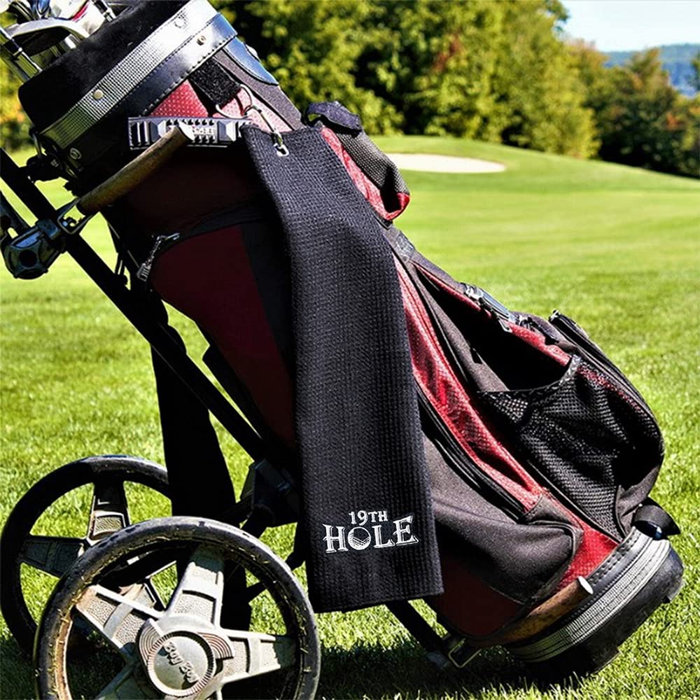 19th Hole Funny Golf Towel with Clip - Embroidered Golf Accessory for Men, Dad & Golf Lovers - Perfect Golf Gift for Husband, Boyfriend or Dad - Great for Golf Bags, Birthdays & Golf Course Use