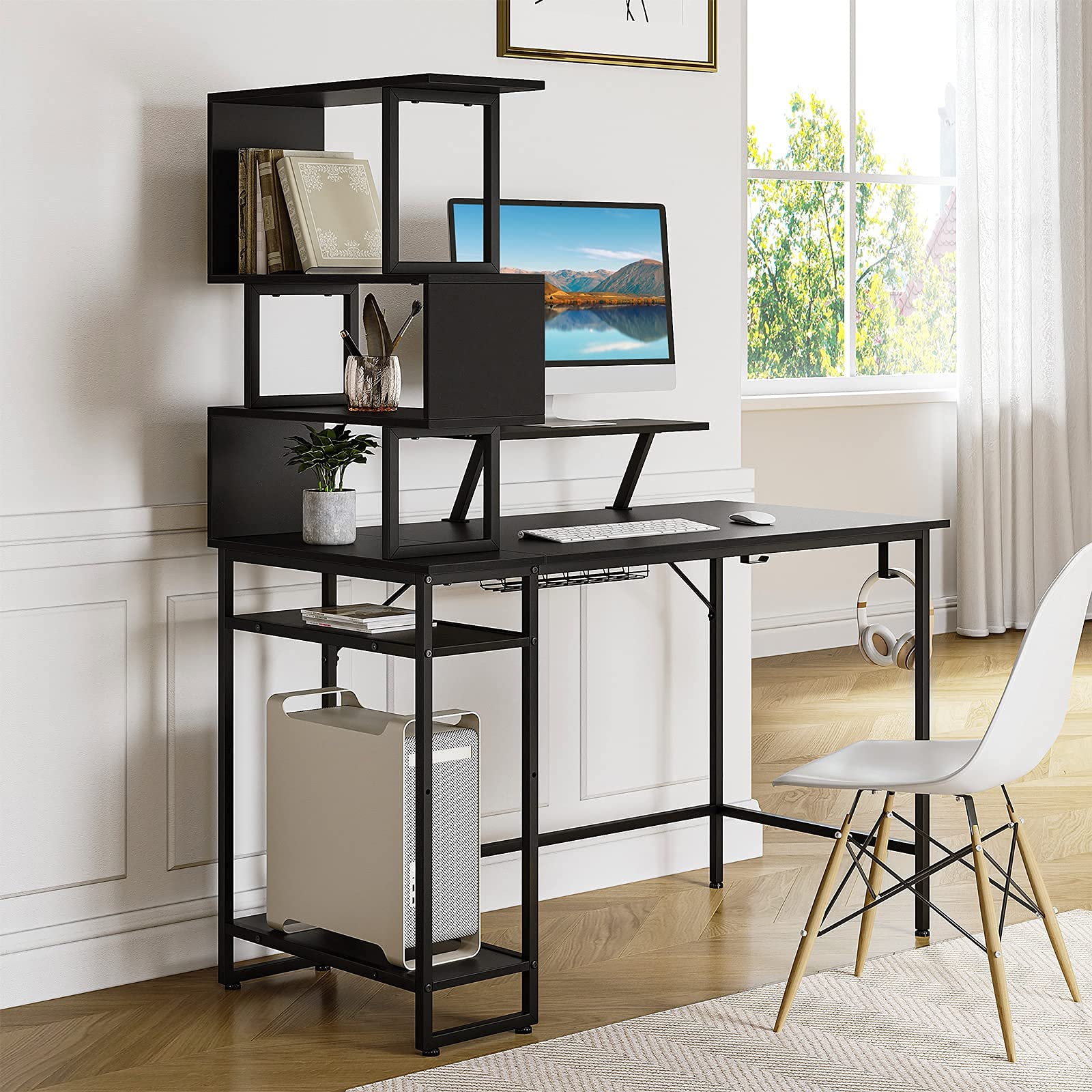 YITAHOME 49-inch Modern Computer Desk with Storage Shelves & Monitor Stand - Home Office Writing Desk, Study Table for Work & Gaming, Black - Perfect for Small Spaces & Remote Work
