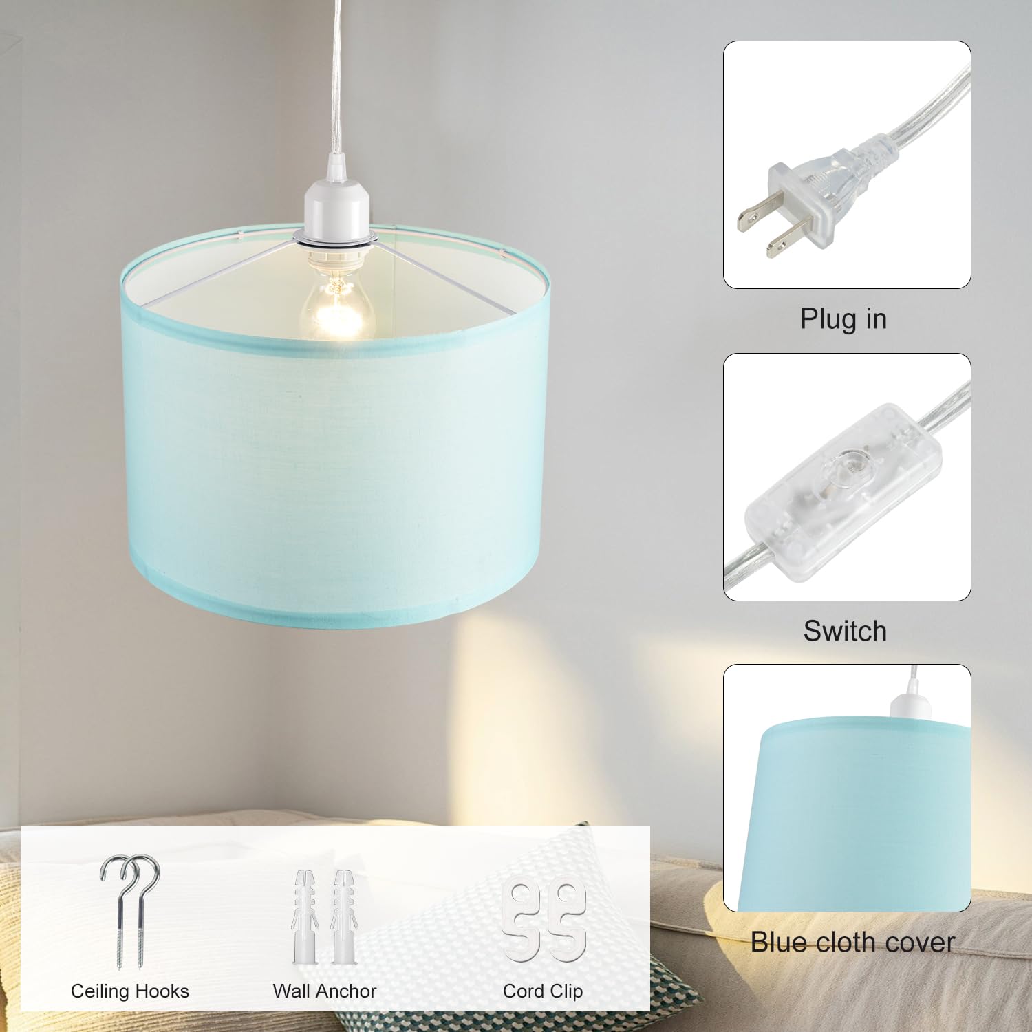 2 Pack Plug in Pendant Light with 15Ft Clear Cord & On/Off Switch - Blue Fabric Lamp Shade Hanging Light Fixture for Bedroom, Kitchen, Dining Room & Living Room - Perfect for Farmhouse Decor, Coffee Bars & Breakfast Nooks