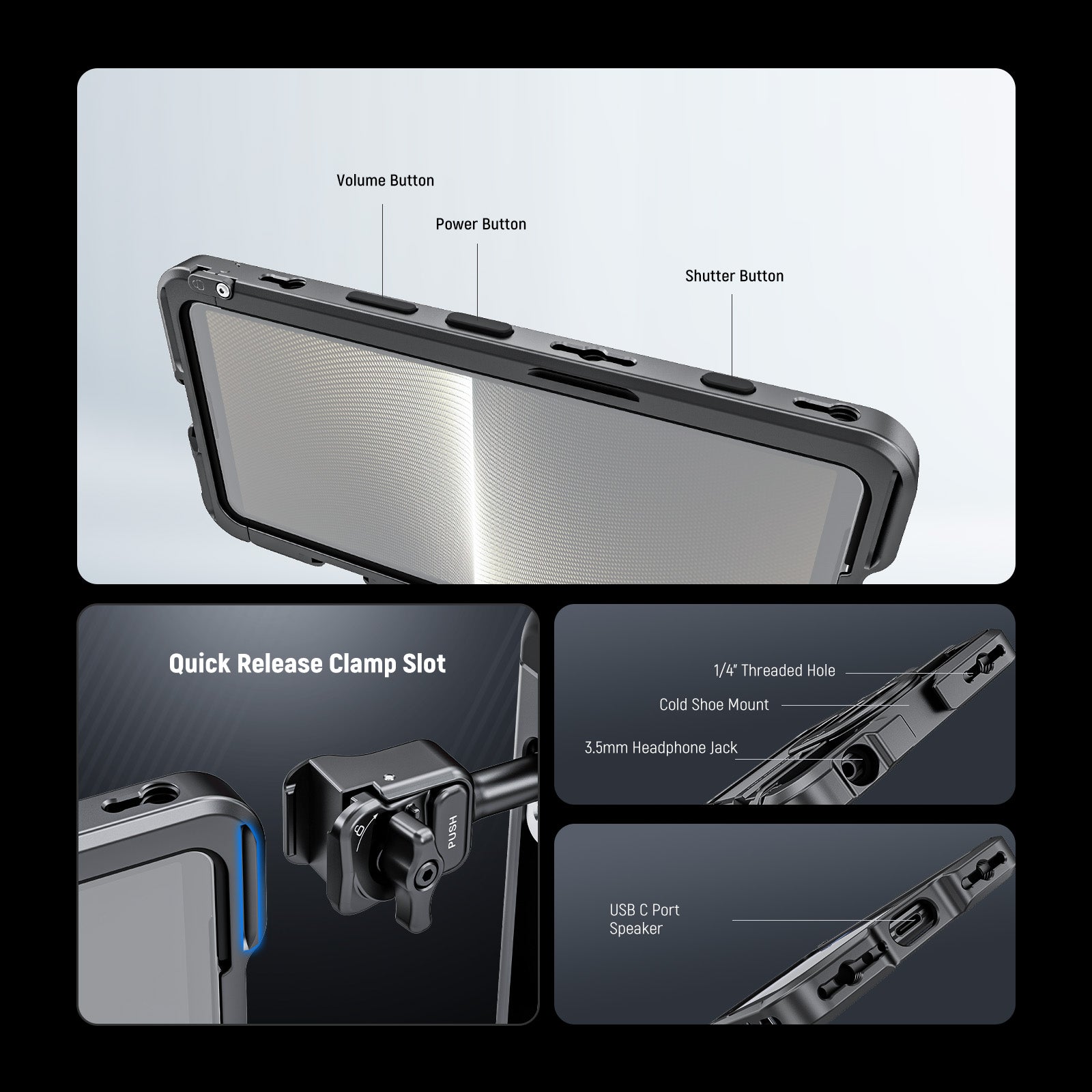 NEEWER PA086/PA087 Smartphone Cage Mount for Sony Xperia PRO I & Xperia 1 V - Durable Aluminum Alloy Phone Rig with Cold Shoe Mount & 1/4