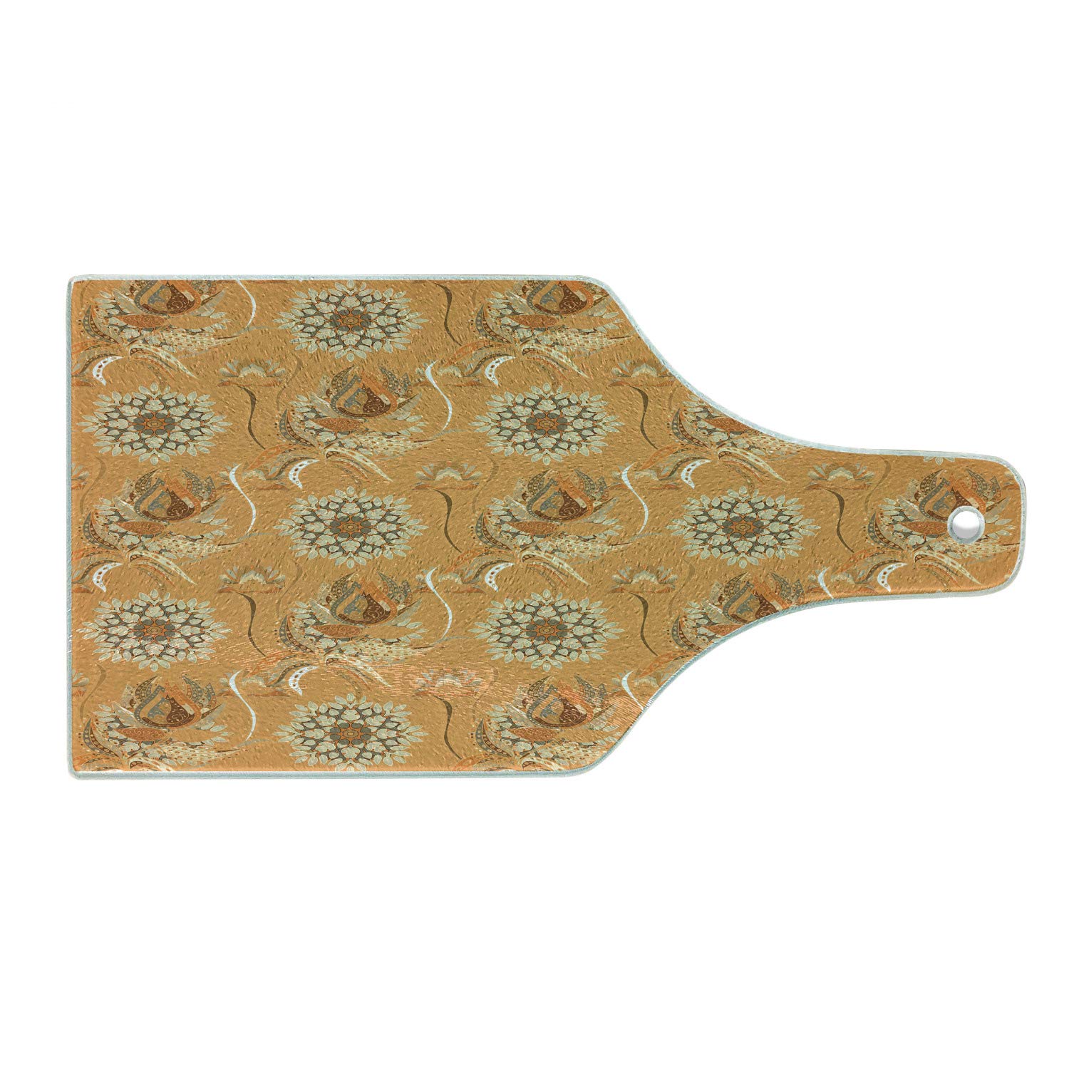 Ambesonne Decorative Tempered Glass Cutting Board - Ottoman Garden Pattern with Tulips & Flowers, Wine Bottle Shape in Tan & Brown | Perfect for Serving Charcuterie, Cheese & Wine Pairings
