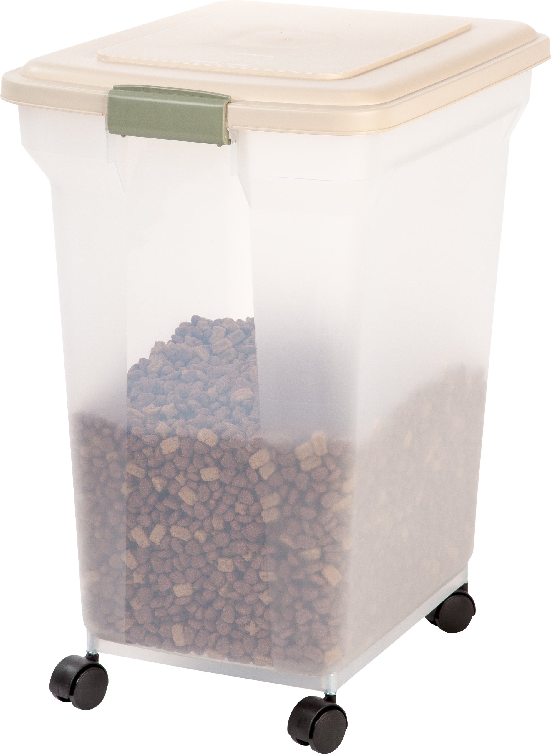 IRIS USA WeatherPro Airtight Pet Food Storage Container - 58 lbs Capacity with Wheels for Easy Mobility | Translucent Design in Clear/Almond | Keep Dog, Cat & Bird Food Fresh | Ideal for Home, Garage or Pet Store Storage