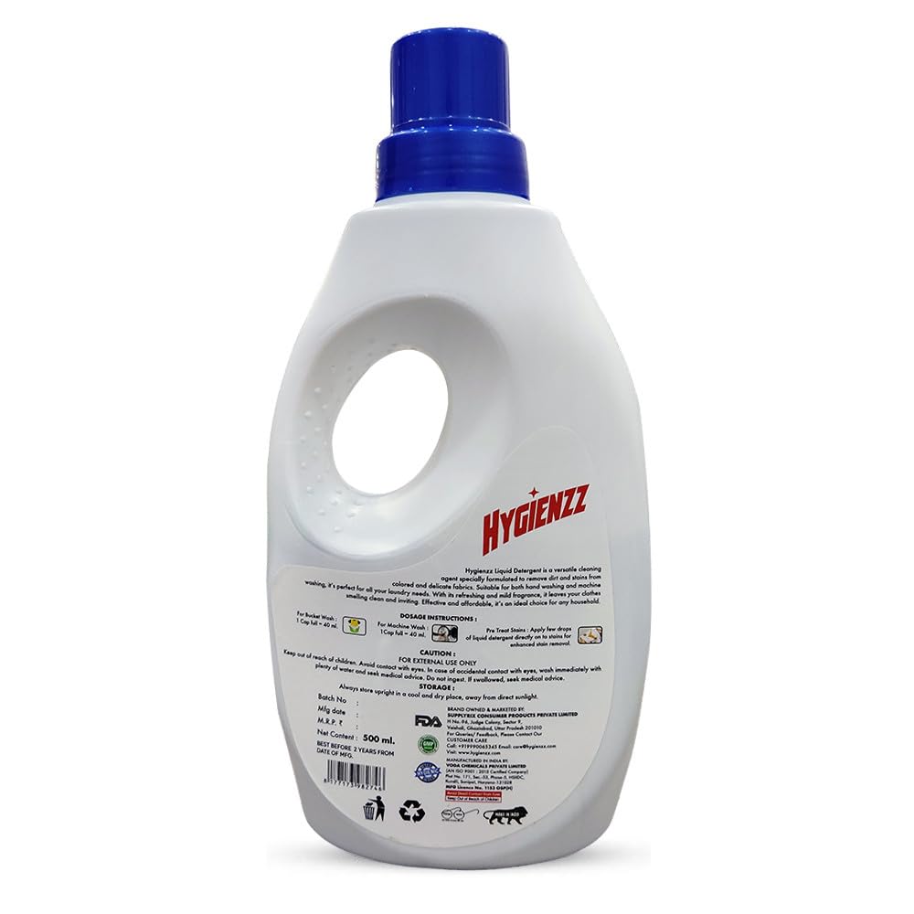Hygienzz Liquid Laundry Detergent 500ml (Pack of 2) - Gentle & Effective for Front & Top Load Washing Machines | Fresh Scent, Deep Clean | Perfect for Everyday Laundry, Baby Clothes & Delicate Fabrics