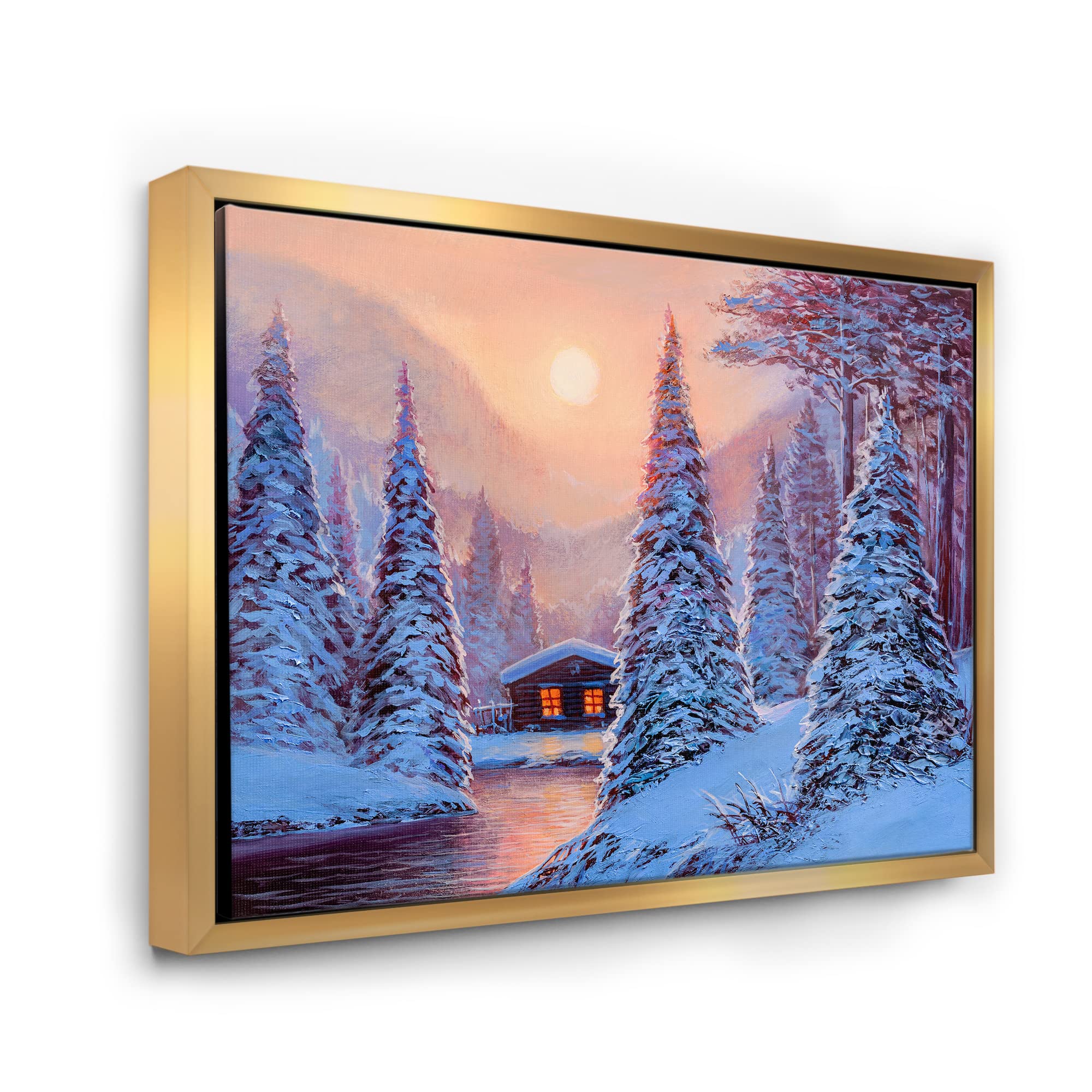 Winter Landscape & The River House In The Woods Framed Canvas Wall Art Print - Lake House Decor for Living Room, Bedroom & Office