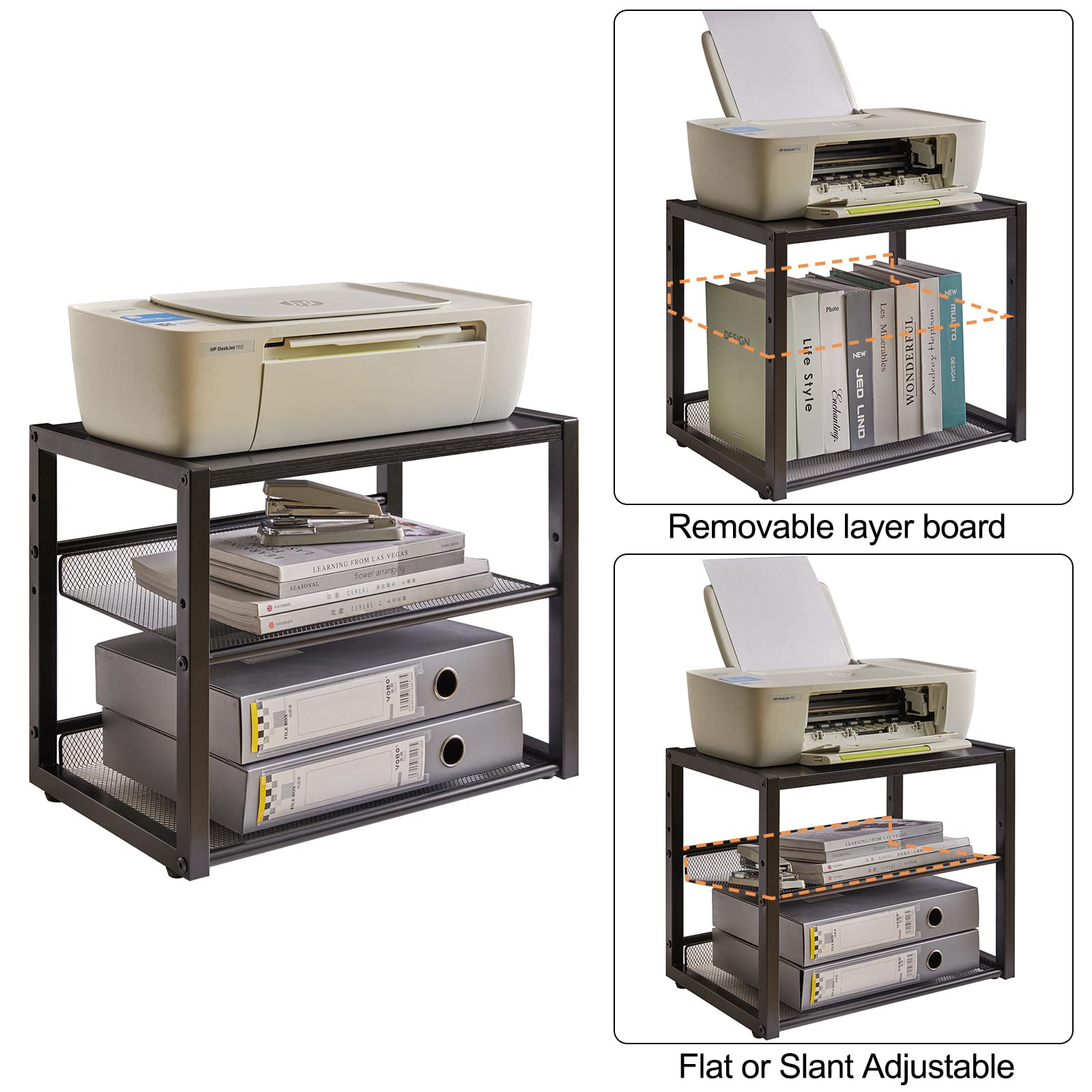 3-Tier Adjustable Desktop Printer Stand - Multi-Purpose Home Office Organizer for Printer, Fax Machine, Scanner, Files & Books - Space-Saving Black Workstation (UHPT001B) | Perfect for Small Offices, Dorm Rooms & Workspace Organization