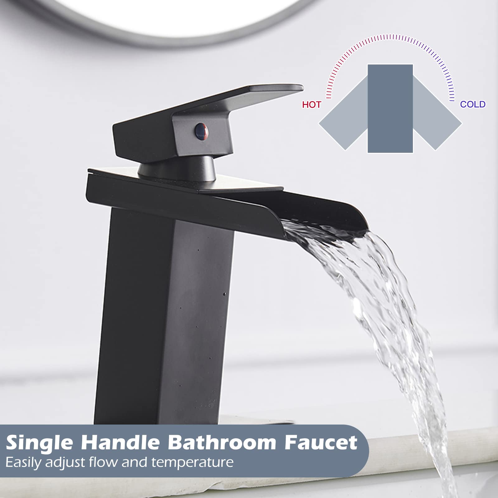 Modern Black Waterfall Bathroom Faucet - Single Hole Vanity Sink Faucet with Pop-Up Drain & Deck Plate - Matte Finish Single Handle Lavatory Mixer Tap for Bathroom, RV & Commercial Use - Sleek Design for Modern Home Decor
