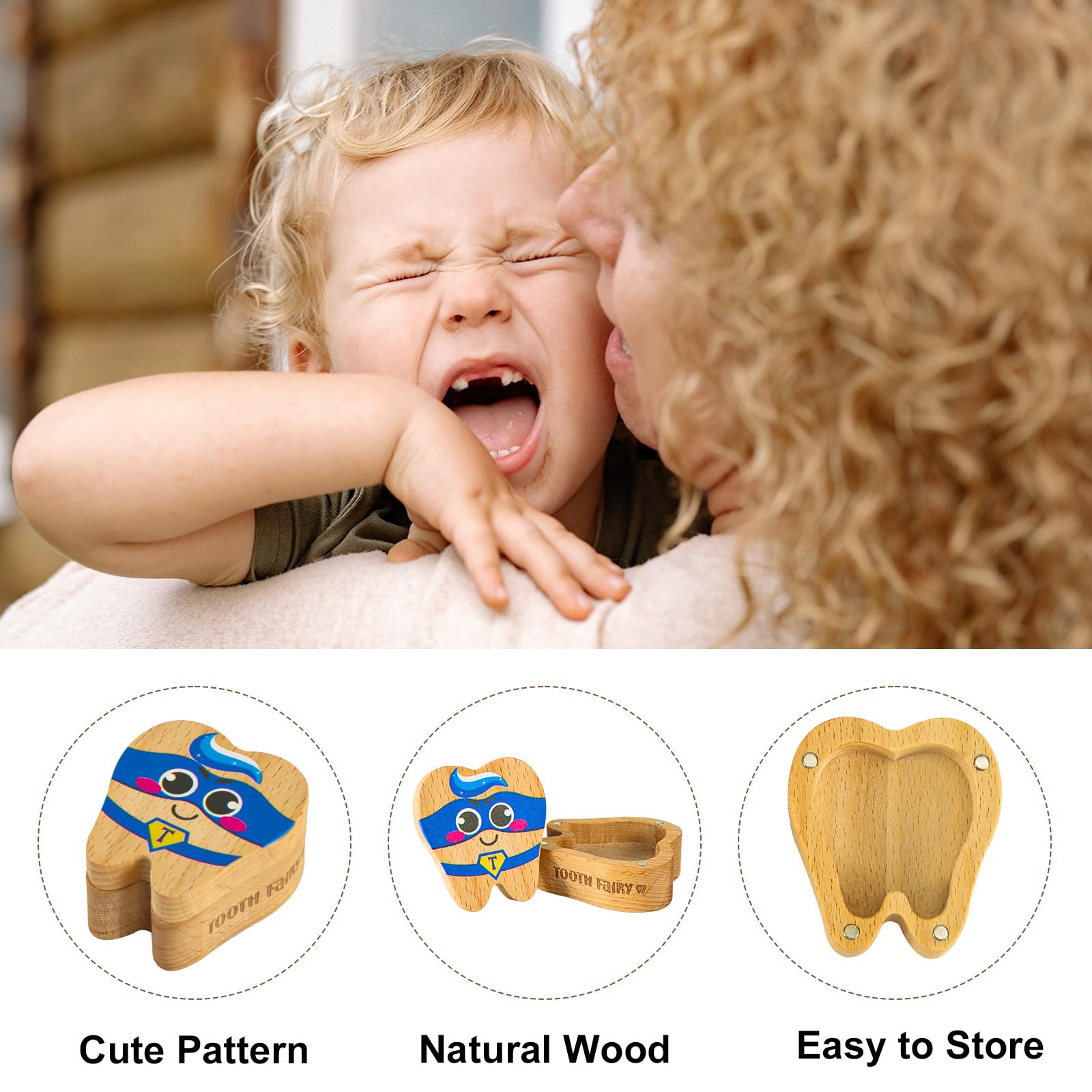 Wooden Tooth Fairy Box - Magnetic Tooth Holder & Keepsake for First Lost Teeth | Cute Tooth-Shaped Storage | Birthday Souvenir Gift for Kids (Blue Eye Mask) | Perfect for Baby Teeth Preservation & Childhood Memory Collection