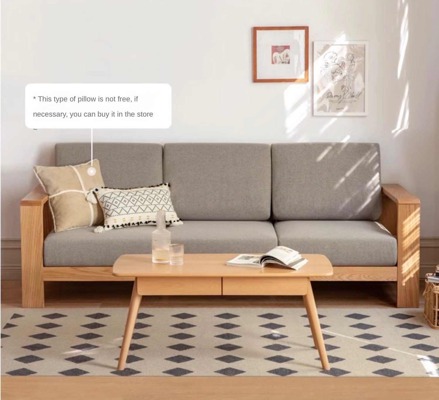 Oak Solid Wood Modern Fabric Sofa - Contemporary Living Room Furniture for Small Spaces & Apartments | Durable & Stylish Home Decor