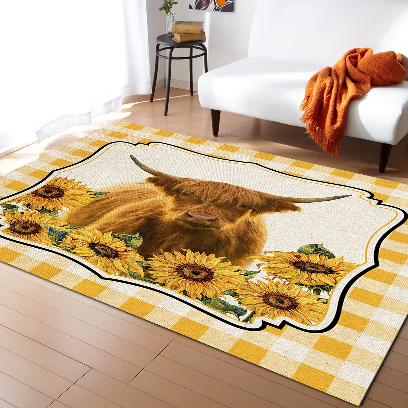 5'x7' Farmhouse Animal Print Area Rug - Highland Cattle & Sunflower Design, Washable Non-Slip Kitchen Bathroom Rug for Living Room, Bedroom, Classroom - Yellow & White Buffalo Plaid with Lace Trim | Perfect for Farmhouse Decor, Cozy Home & Pet-Friendly Spaces