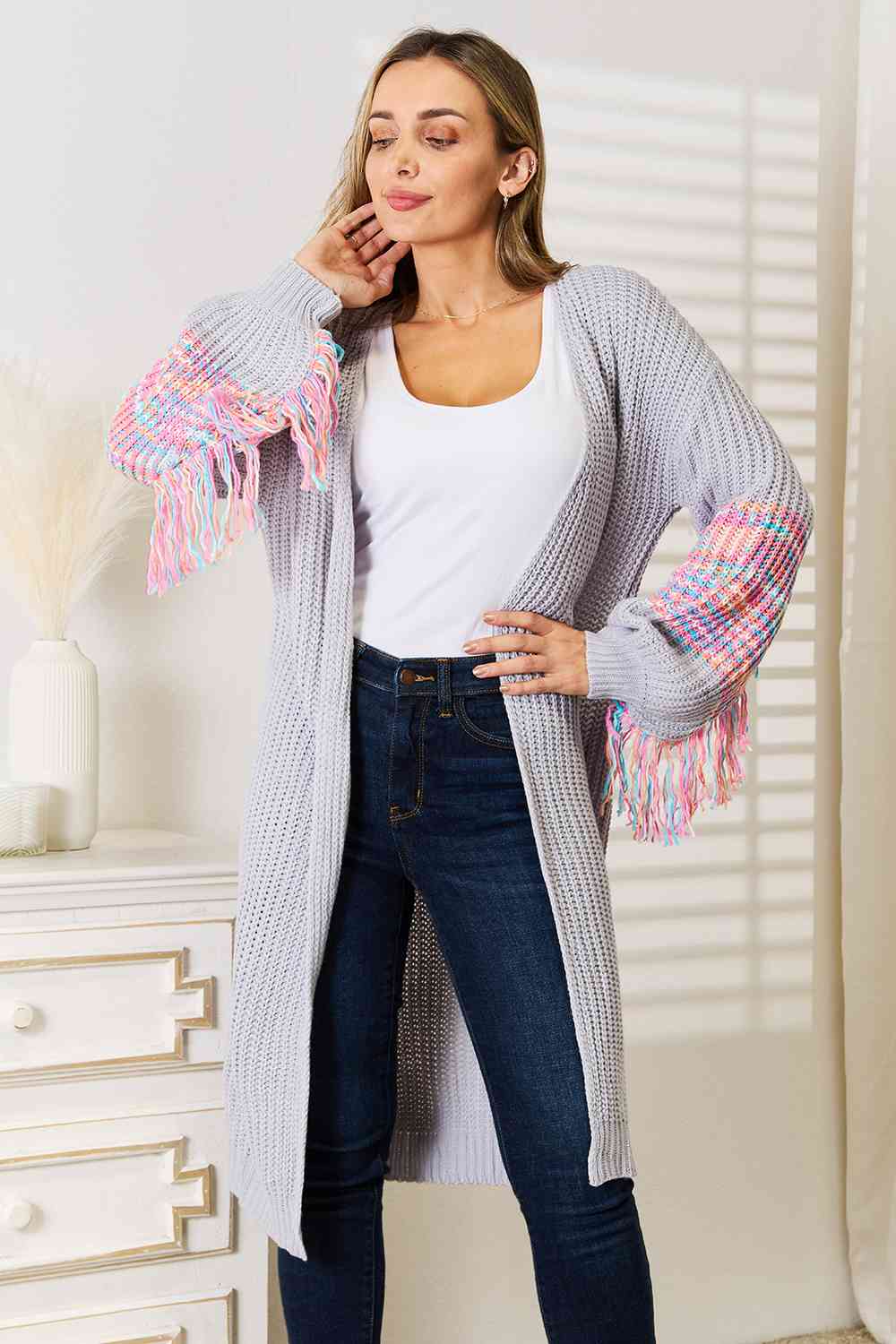 Cloudy Blue Fringe Sleeve Drop Shoulder Cardigan Sweater - Boho Chic Knitwear for Women | Perfect for Fall Layering, Coffee Dates & Casual Outings