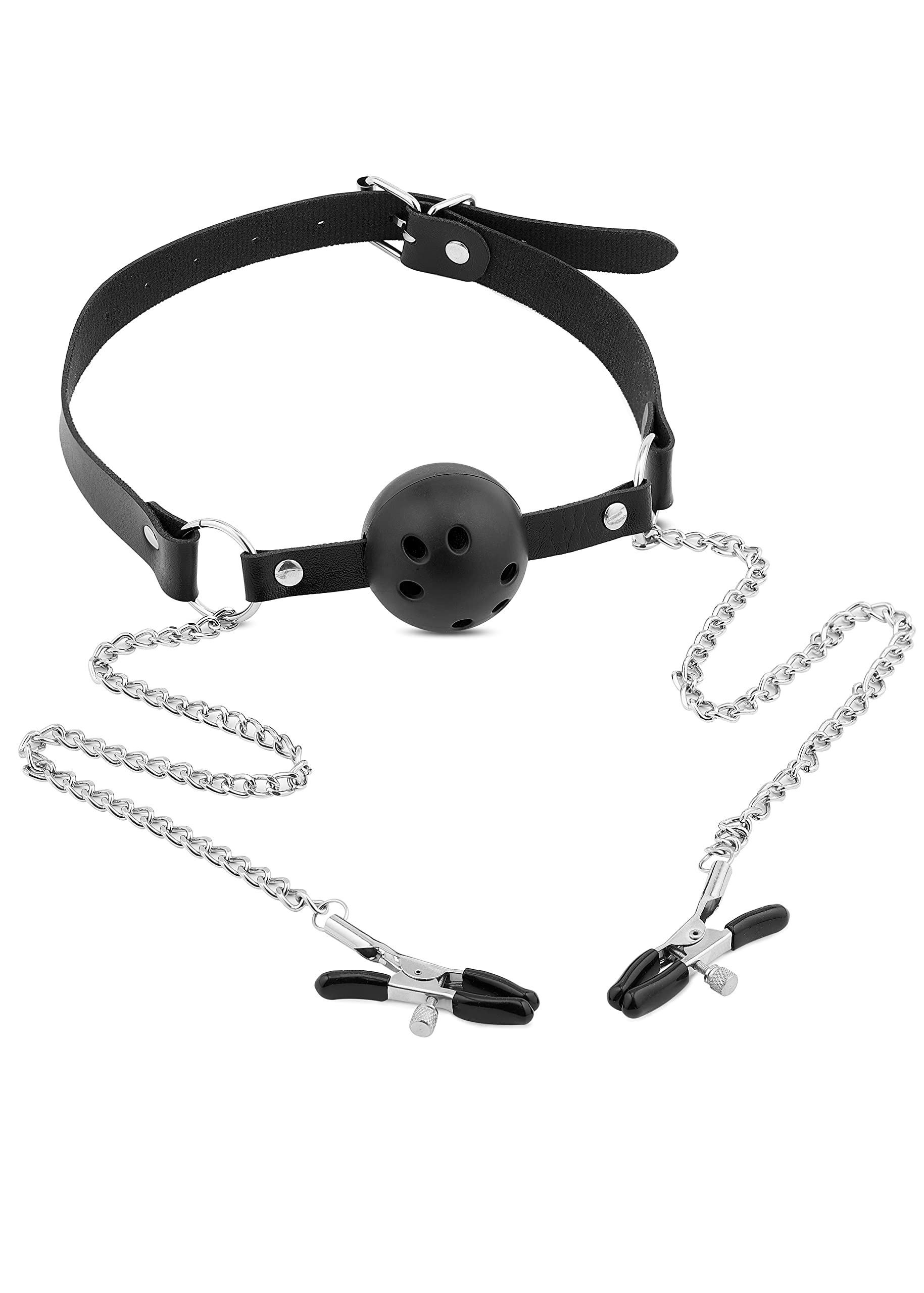 PASTOS Adjustable Black Ball Gag & Nipple Clamps Set with Chain - Breathable BDSM Mouth Restraint & Fetish Bondage Toy for Couples Play, Roleplay, and Sensual Exploration