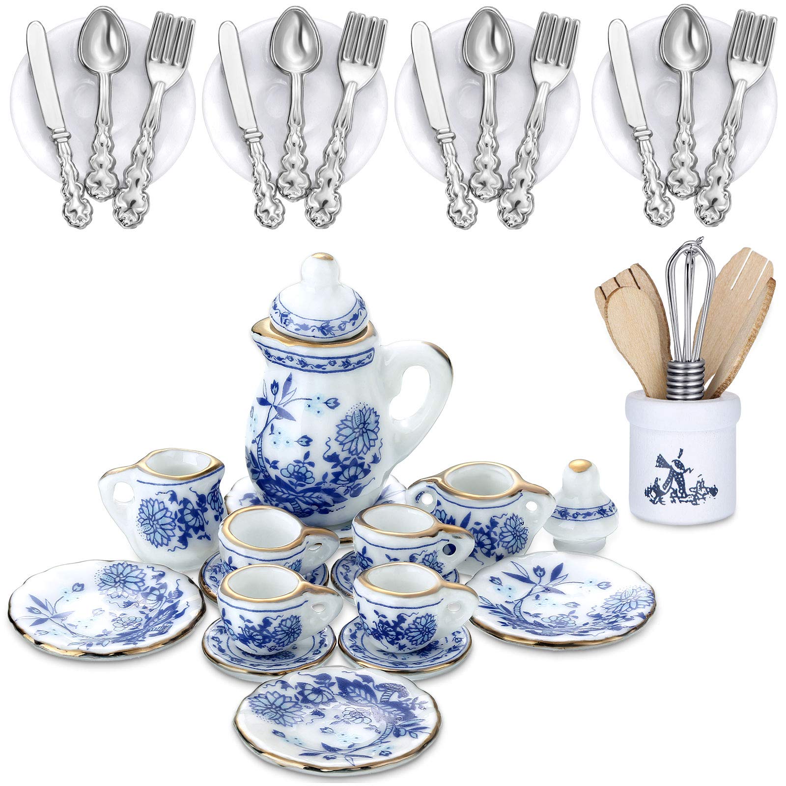 1:12 Scale Miniature Dollhouse Kitchen Accessories Set - 37 Pcs Blue Porcelain Doll Plates, Cutlery, Egg Beaters & Tea Cups for Realistic Doll Play & Collectors | Perfect for Dollhouse Decor, Miniature Displays & Toy Photography