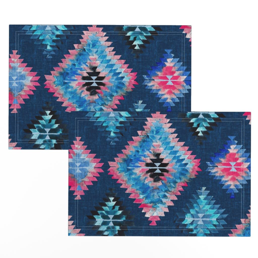 Premium Linen Cotton Canvas Placemats Set of 2 - Blue Diamond Watercolor Kilim Ikat Geometric Boho Print Table Mats for Dining, Kitchen Decor & Party Settings
