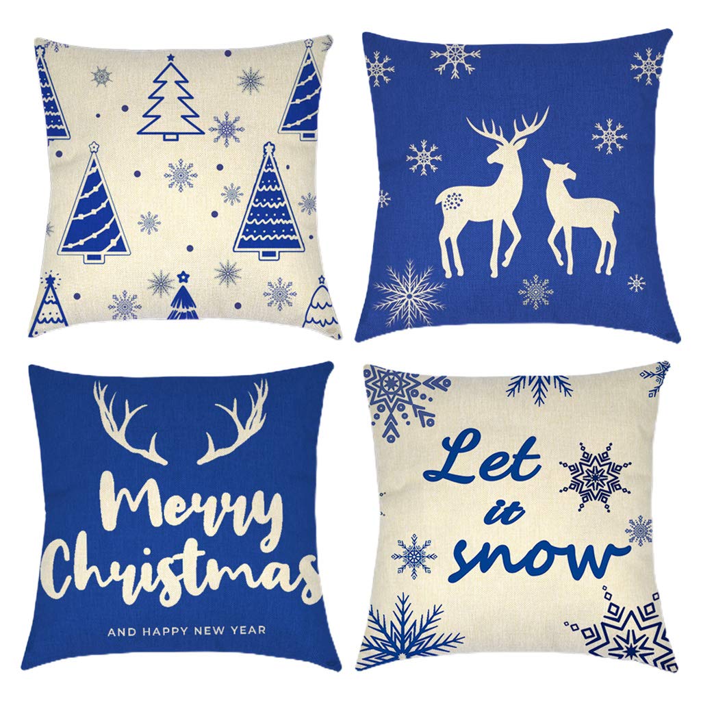 Christmas Throw Pillow Covers Set of 4 - Winter Snowflake Elk Tree Holiday Cushion Cases for Sofa Decor - Soft Cotton Linen Pillow Covers for Christmas Decorations (Pillow Core Not Included) - Perfect for Living Room, Bedroom & Seasonal Home Decor