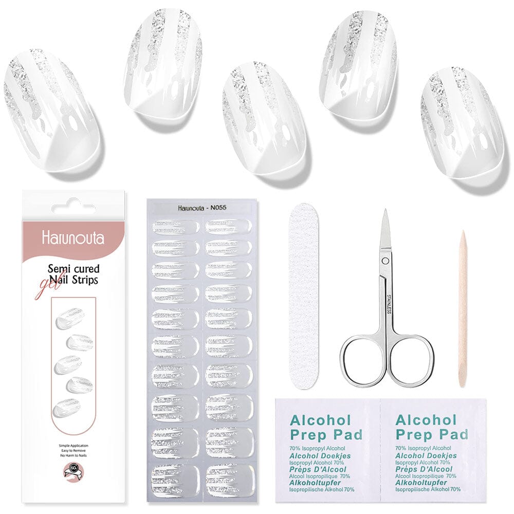 20 Tips White Shimmer Semi Cured Gel Nail Strips N055 - DIY Salon-Quality Manicure at Home for Parties & Special Occasions