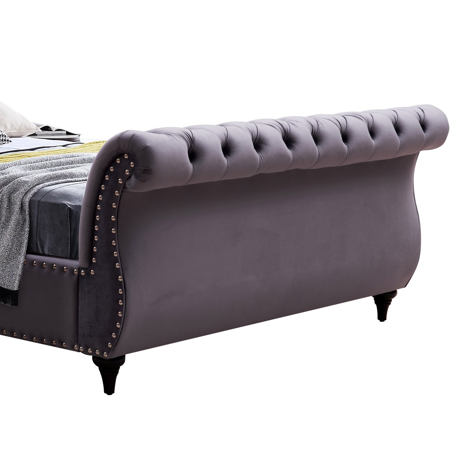 Luxury Grey Velvet King Size Bed Frame - Bedzy Luxe Royal Sleigh | Elegant Master Bedroom Furniture for Modern Home Decor