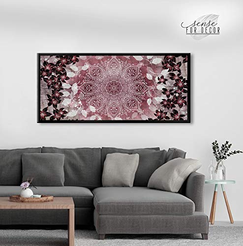 Boho Floral Mandala Wall Art - Large Canvas Wall Decor for Bedroom, Living Room & Office | Modern Bohemian Floral Pattern Poster with Floating Frame (Pink & Black, 42x19 Inches) | Perfect for Home Decor, Housewarming Gifts & Meditation Spaces