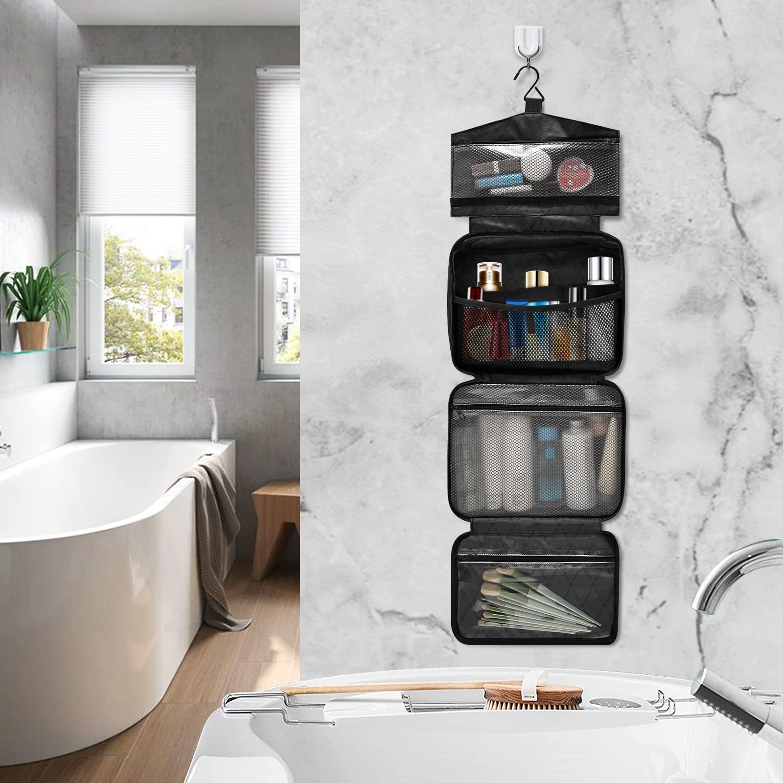 Gold Glitter Rose Marble Travel Toiletry Bag - Hanging Cosmetic Organizer for Women | Perfect for Vacation & Gym