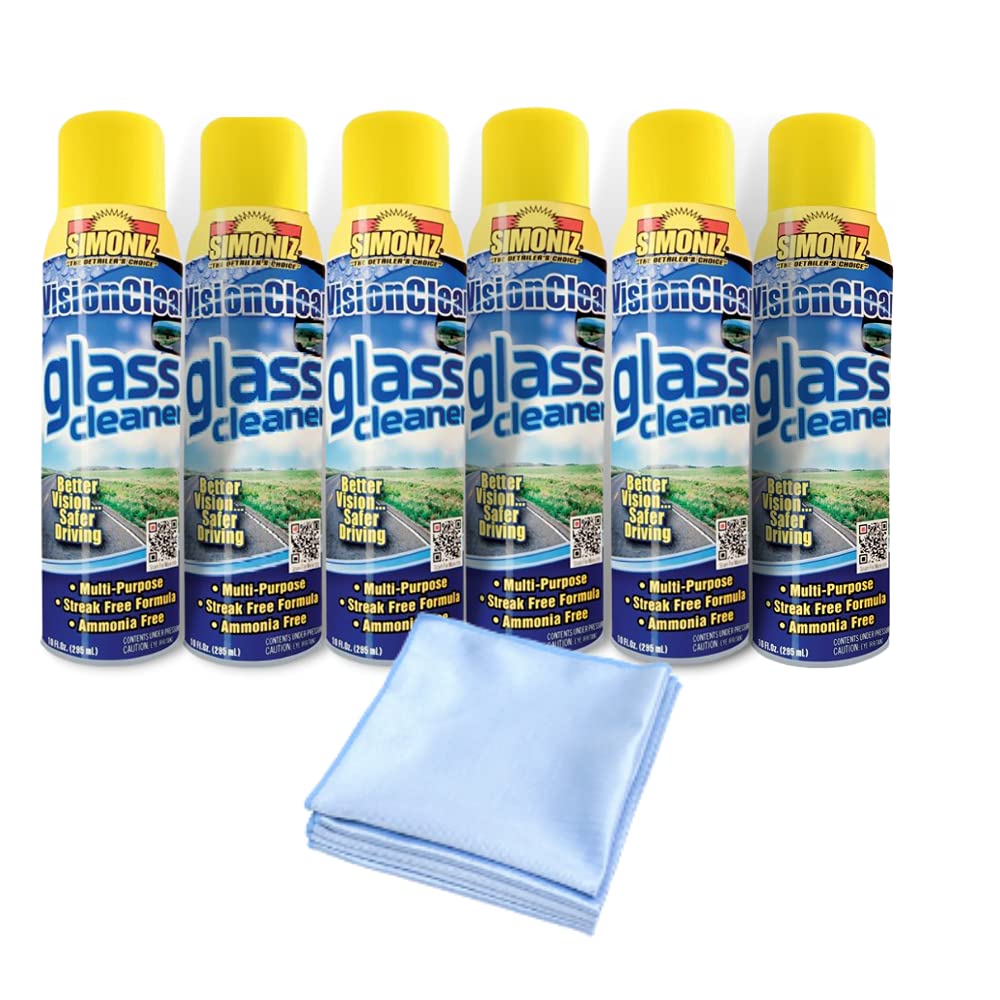 Simoniz Vision Clear Glass Cleaner - 6 Pack Aerosol Cans with 3 Microfiber Cleaning Cloths | Streak-Free for Windows, Mirrors & Auto Glass | Home & Car Cleaning Supplies