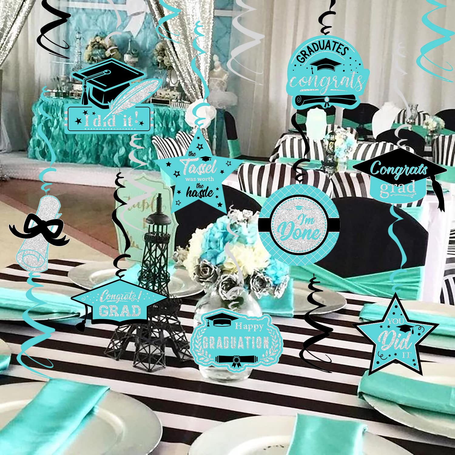 2025 Teal & Silver Graduation Party Decorations Set - 15pcs Hanging Swirls for Class of 2025 | Turquoise, Black & Silver Graduation Decor | Perfect for Graduation Ceremonies, Parties & Photo Backdrops