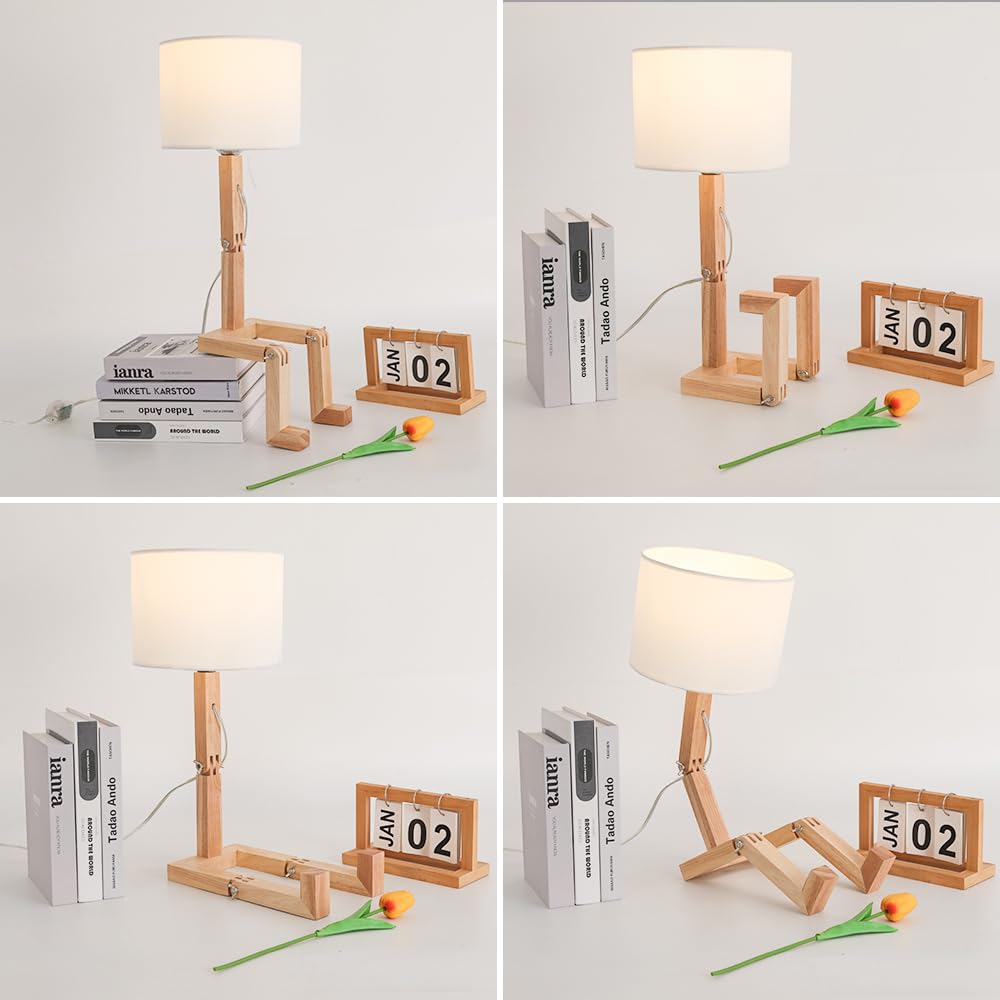 Adjustable Wooden Robot LED Bedside Table Lamp - Creative Cute Nightstand Light for Bedroom, Study & Office - Perfect for Reading, Phone Charging & Decor