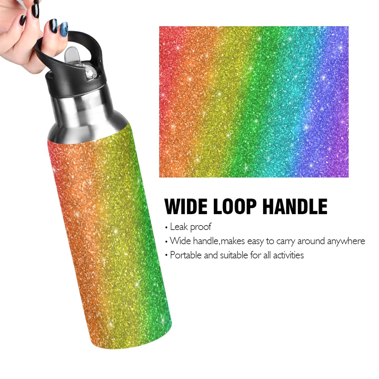 SUABO 20oz Insulated Stainless Steel Water Bottle with Straw - Rainbow Glitter Design for Kids, Teens & Adults | BPA Free Leakproof Sports Bottle for School, Gym, Hiking & Outdoor Activities