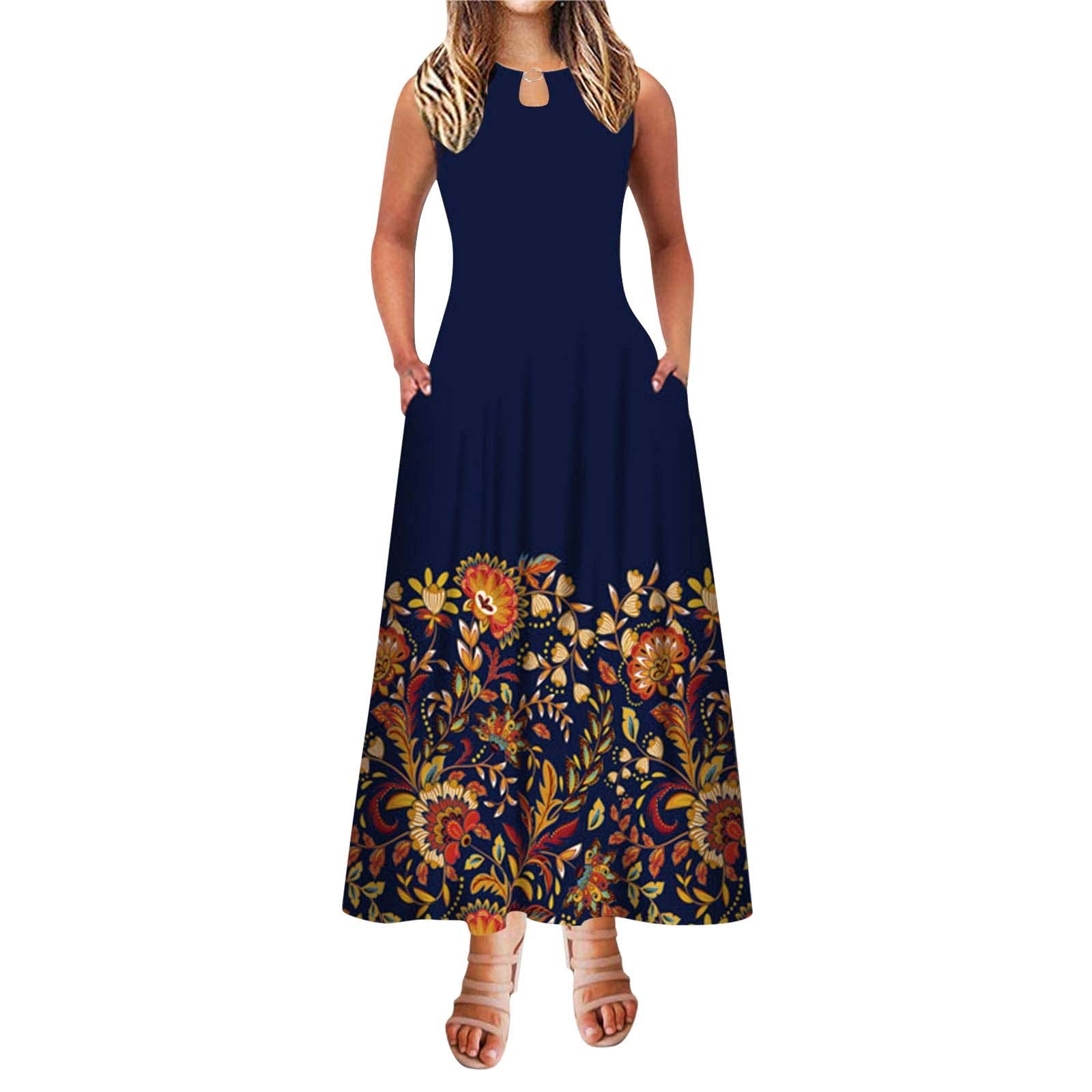 Floral Print A-Line Maxi Dress - Sleeveless Summer Dress with Pockets, Round Neck Elegant Long Dress for Women | Perfect for Beach Vacations, Garden Parties & Casual Outings