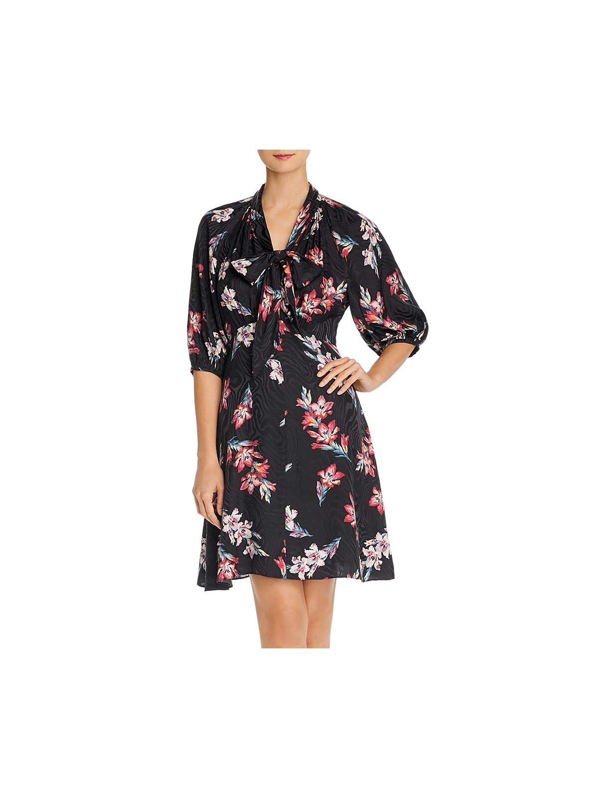 Rebecca Taylor Women's Black Floral Tie Neck Short Sleeve Fit & Flare Dress - Size 0 | Perfect for Cocktail Parties, Weddings & Summer Events