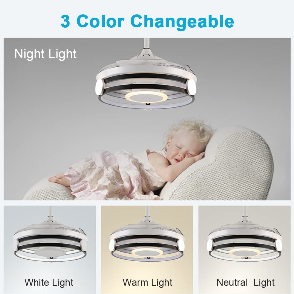 DLLT Modern 30W Retractable 3-Blade LED Ceiling Fan with Remote Control, Color Changeable (3000K-6000K) & Timer - Low Profile Chandelier Fan for Living Room, Bedroom, Dining Room - Perfect for Home Cooling and Ambient Lighting