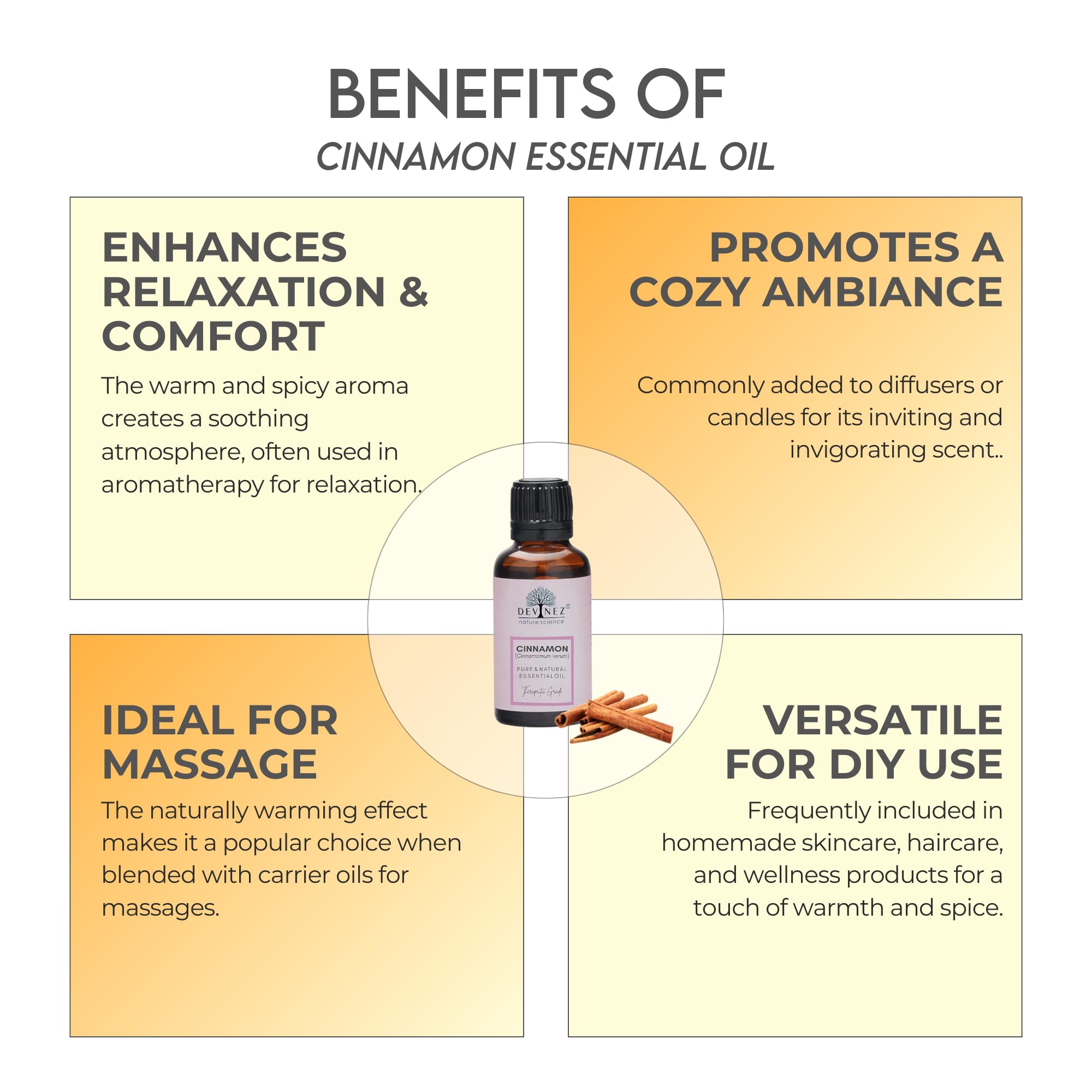 100% Pure Cinnamon Essential Oil - Natural Undiluted Therapeutic Grade for Aromatherapy, Massage & Hair Care | 50ml Glass Bottle | Reduces Tension, Anti-Inflammatory Properties | Perfect for DIY Skincare, Air Fresheners & Hair Growth Treatments