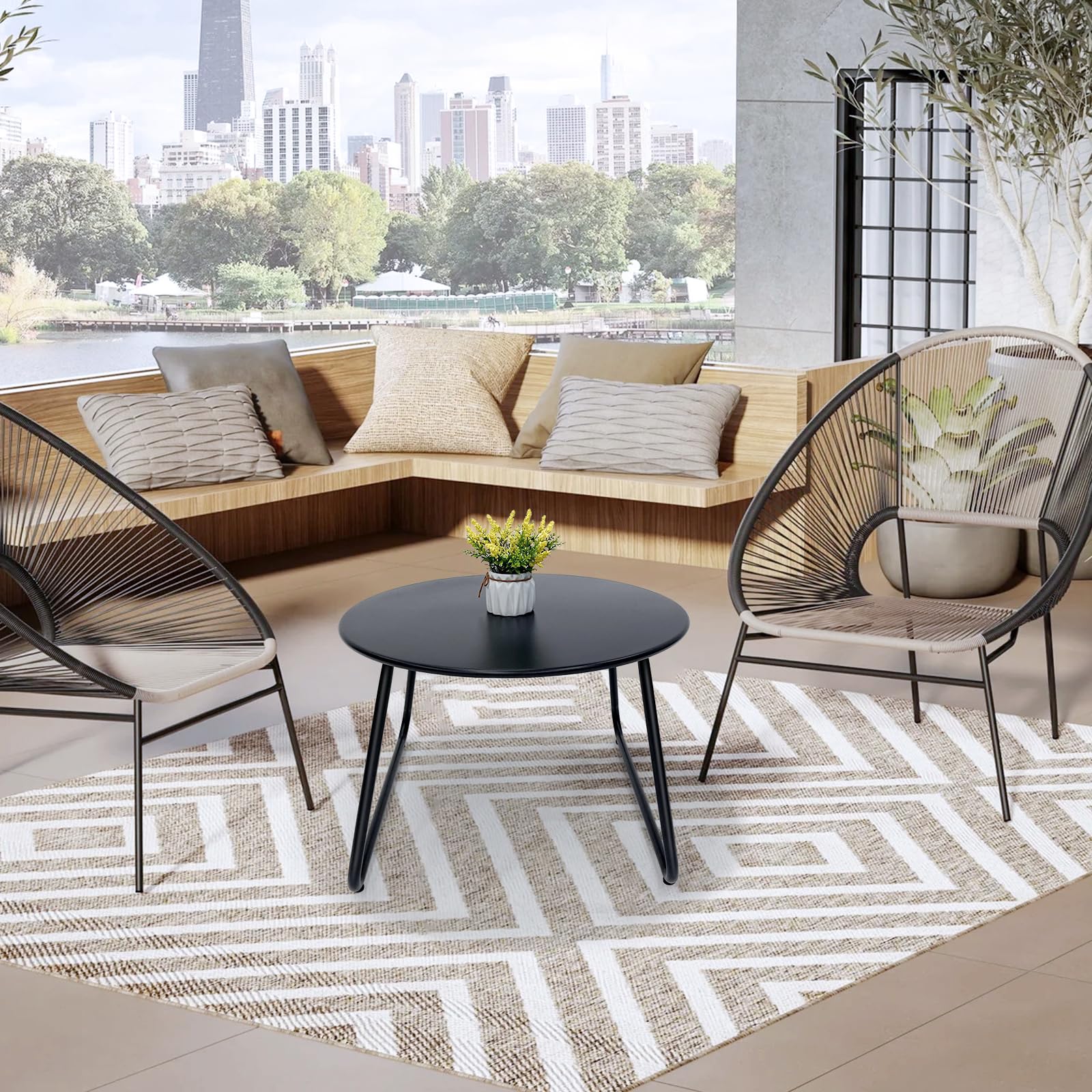 Weather-Resistant Black Metal Steel Round Outdoor Coffee Table - Perfect for Patio, Garden, Poolside & Backyard Relaxation