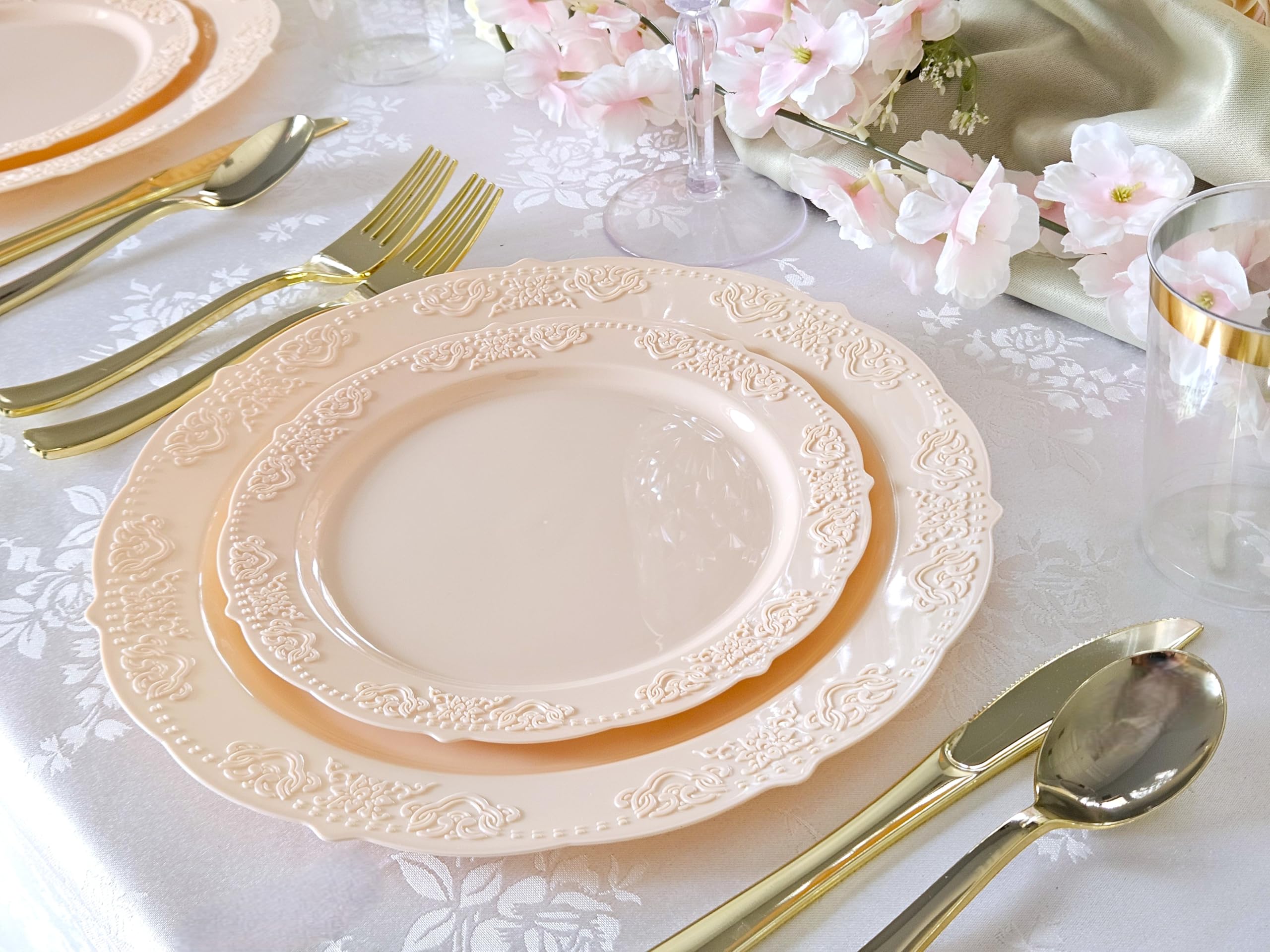 240 Pack Vintage Disposable Plastic Plates - 7.5'' Appetizer & Dessert Plates for Wedding, Party, Baby Shower (Blush/Antique Rose) - Elegant & Eco-Friendly Tableware for Any Occasion