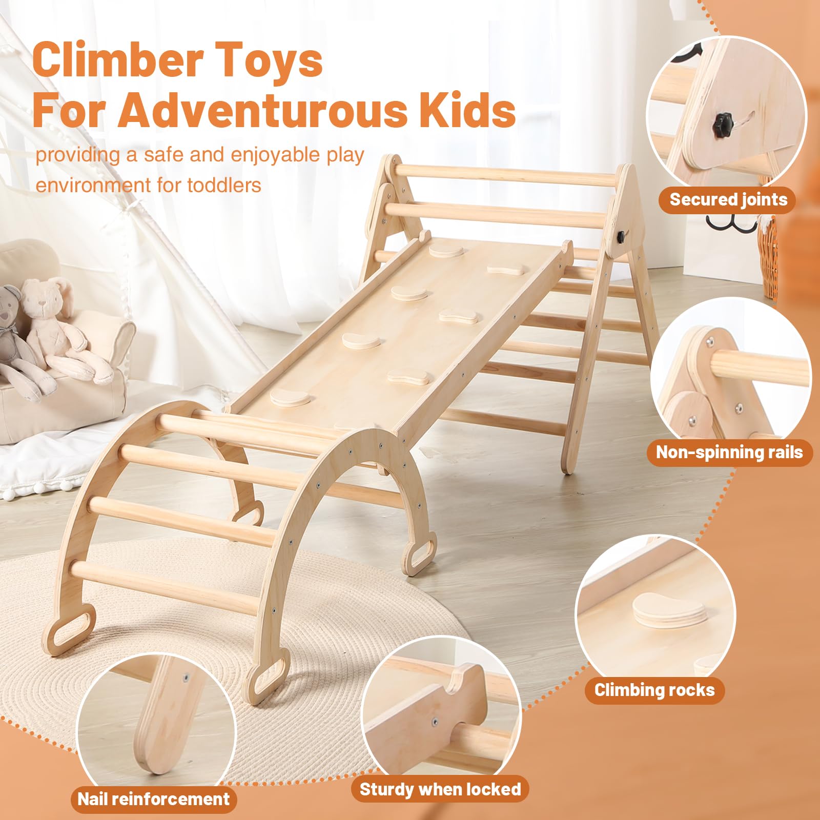 5 in 1 Wooden Climbing Toys for Toddlers - Foldable Montessori Climbing Triangle, Arch Climber & Ramp - Indoor/Outdoor Play Gym for Babies & Kids - Perfect Gift for Boys & Girls (Natural Wood) - Great for Playrooms, Backyards & Montessori Learning Activities