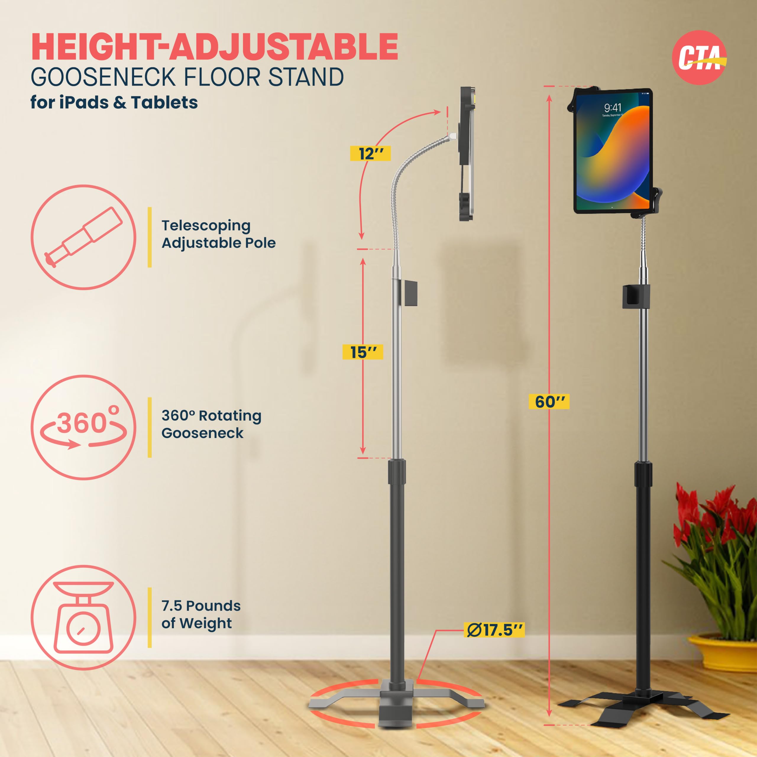 Adjustable Gooseneck Floor Stand for iPad 2/3 - CTA Digital PAD-AFS - Perfect for Home Office, Classroom & Hands-Free Viewing