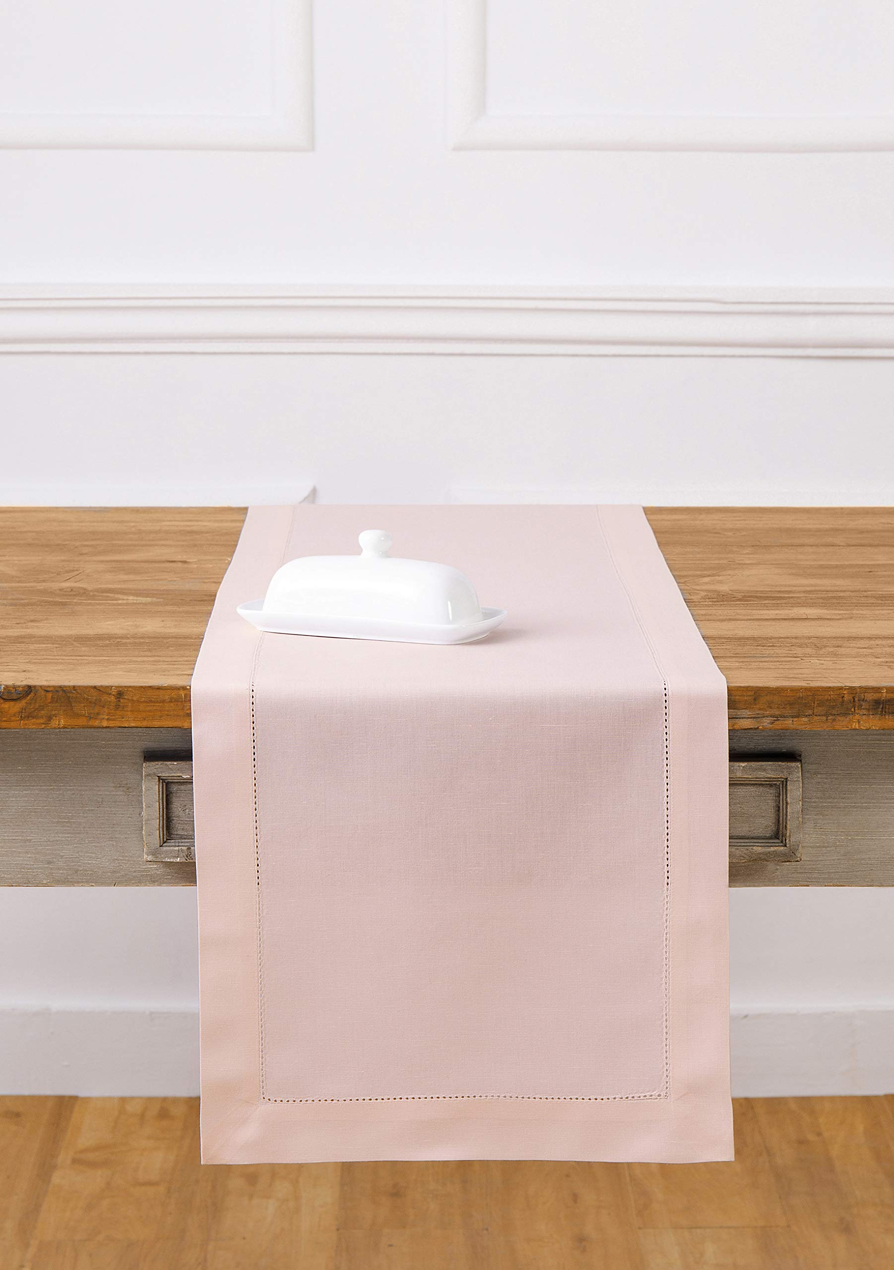 Solino Home 48 Inch Pink Cotton Linen Hemstitch Table Runner - 14x48 Inch Easter Decorative Table Cover for Dining, Coffee & Dresser Tables - Perfect for Spring Decor, Holiday Parties & Home Staging